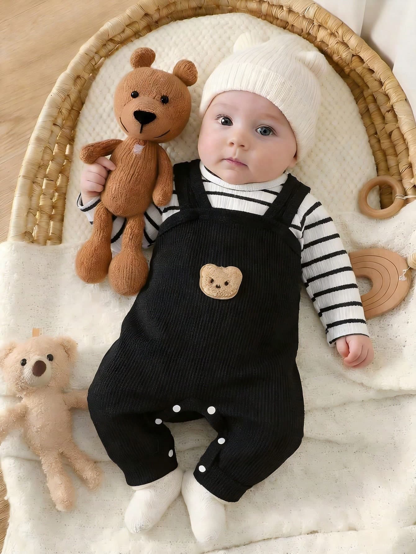 SHEIN Newborn Male Baby Black And White Striped Long Sleeved Jumpsuit & Green Teddy Bear Strap Jumpsuit 2pcs Set Winter Cute Matching Family Newborn Clothes