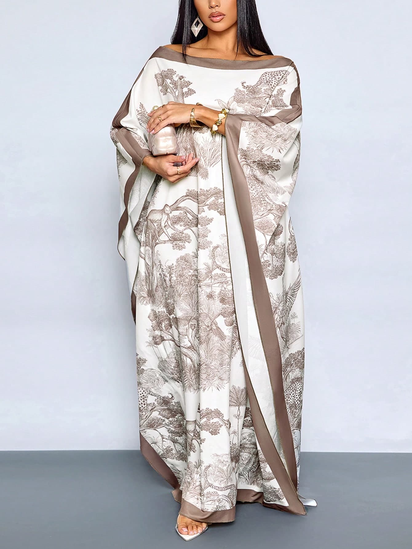 SOLERSUN Women's Plus Size Elegant Floral Cape Shawl Maxi Dress Off-Shoulder Modest Gown,Summer Vacation White Country Al-Adha Formal Cocktail Party Dress