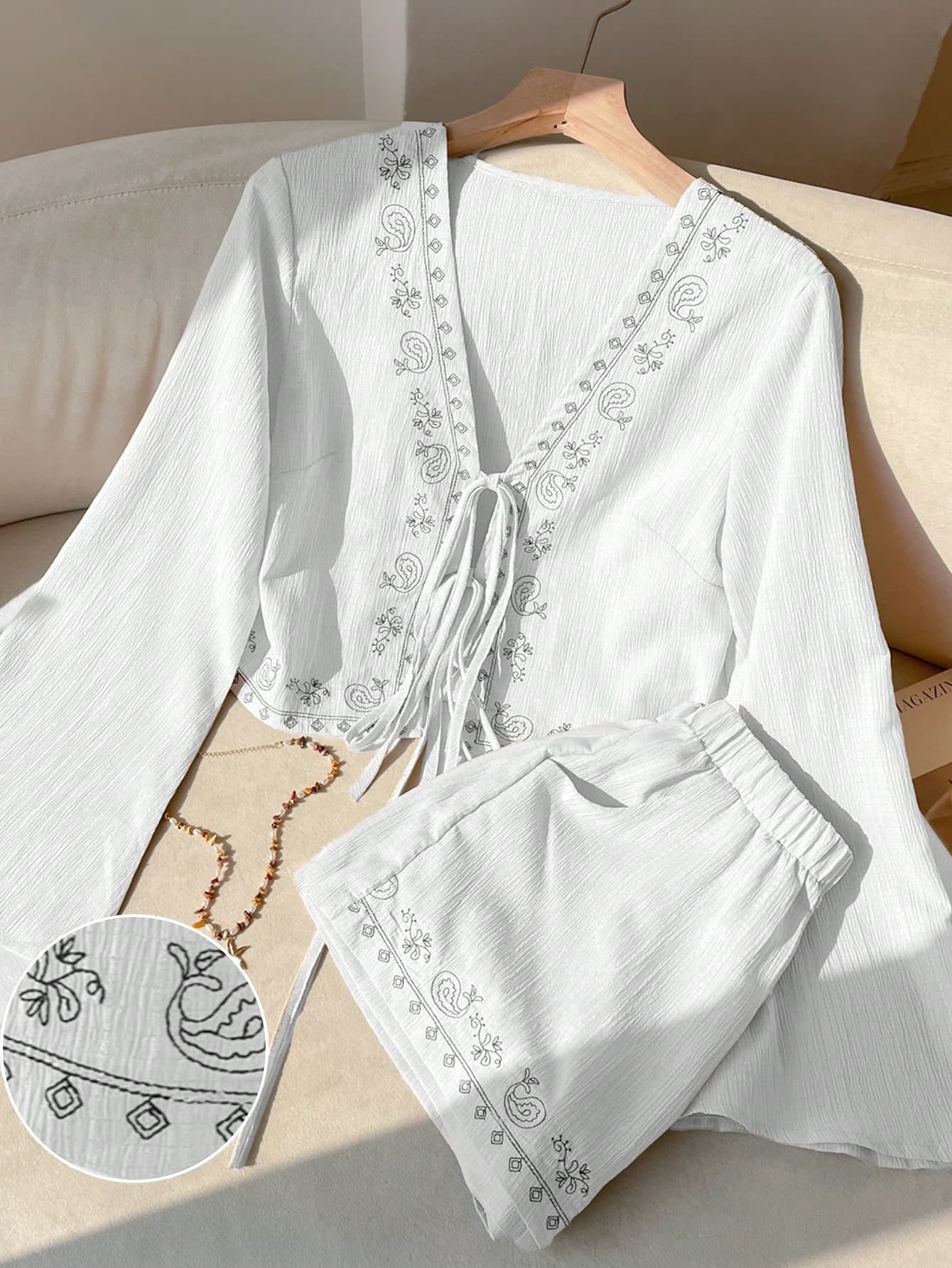 SHEIN EZwear White With Black Polka Dots Floral Embroidered Woven 2 Pieces Set For Women Blouse And Pants Formal Shirt Sets Linen Holiday Vacation Boho Beach