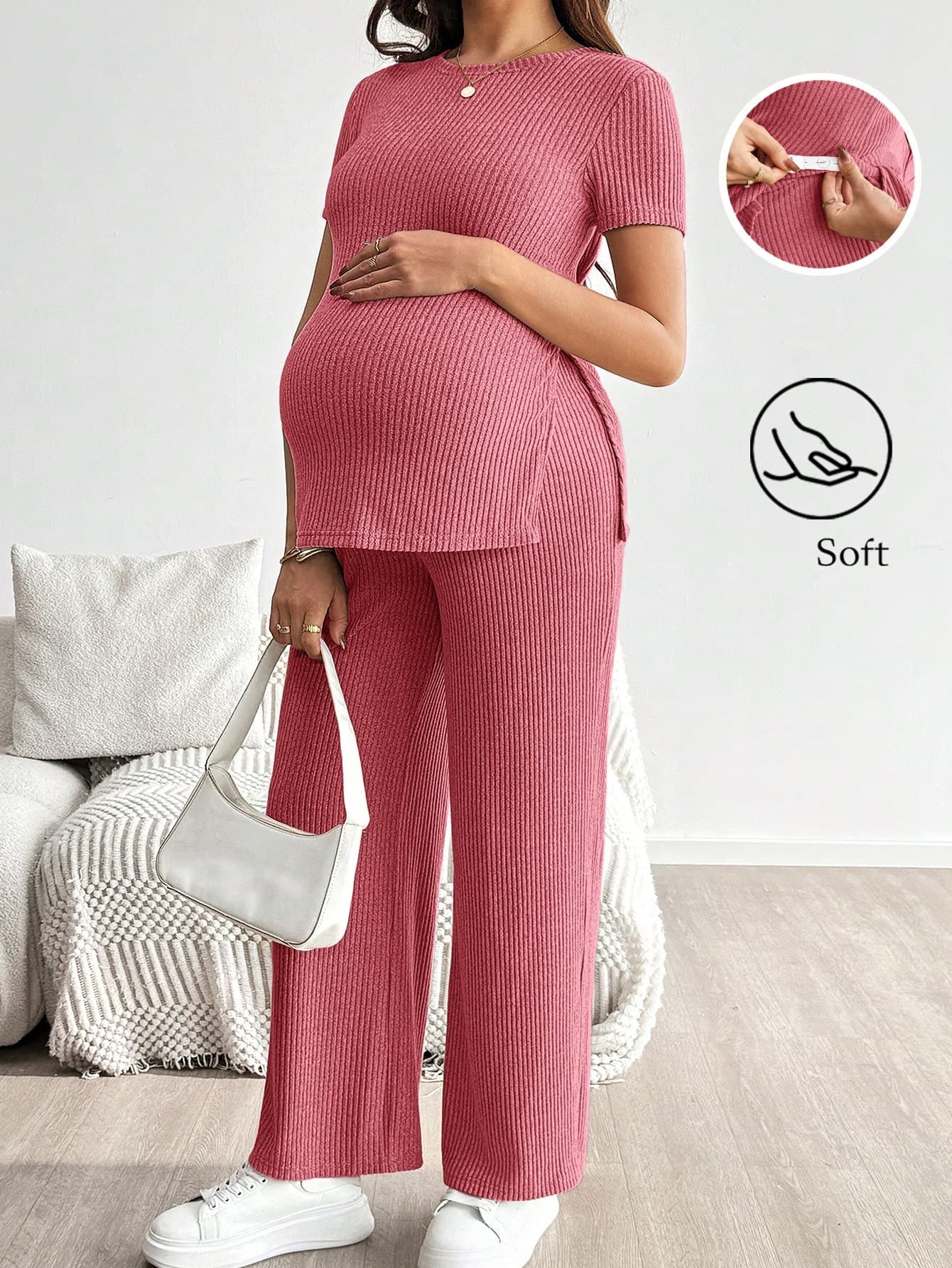 SHEIN 2pcs Maternity Solid Color Short Sleeve Top And Adjustable Waist Casual Pants Set