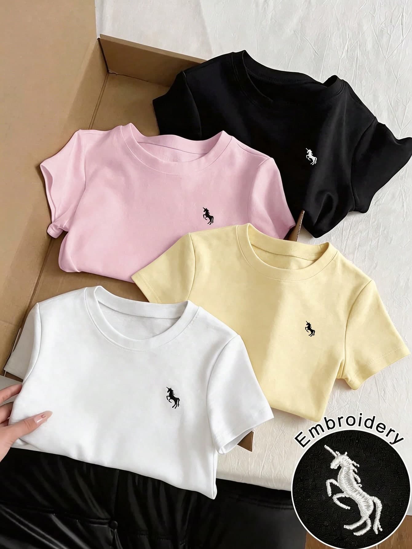 Qadelle 4pcs/Set Women's Embroidered Round Neck Short Sleeve Fitted Cropped T-Shirt,White,Summer,Basic,Casual,School,Back-To-School Unicorn Tee Shirts