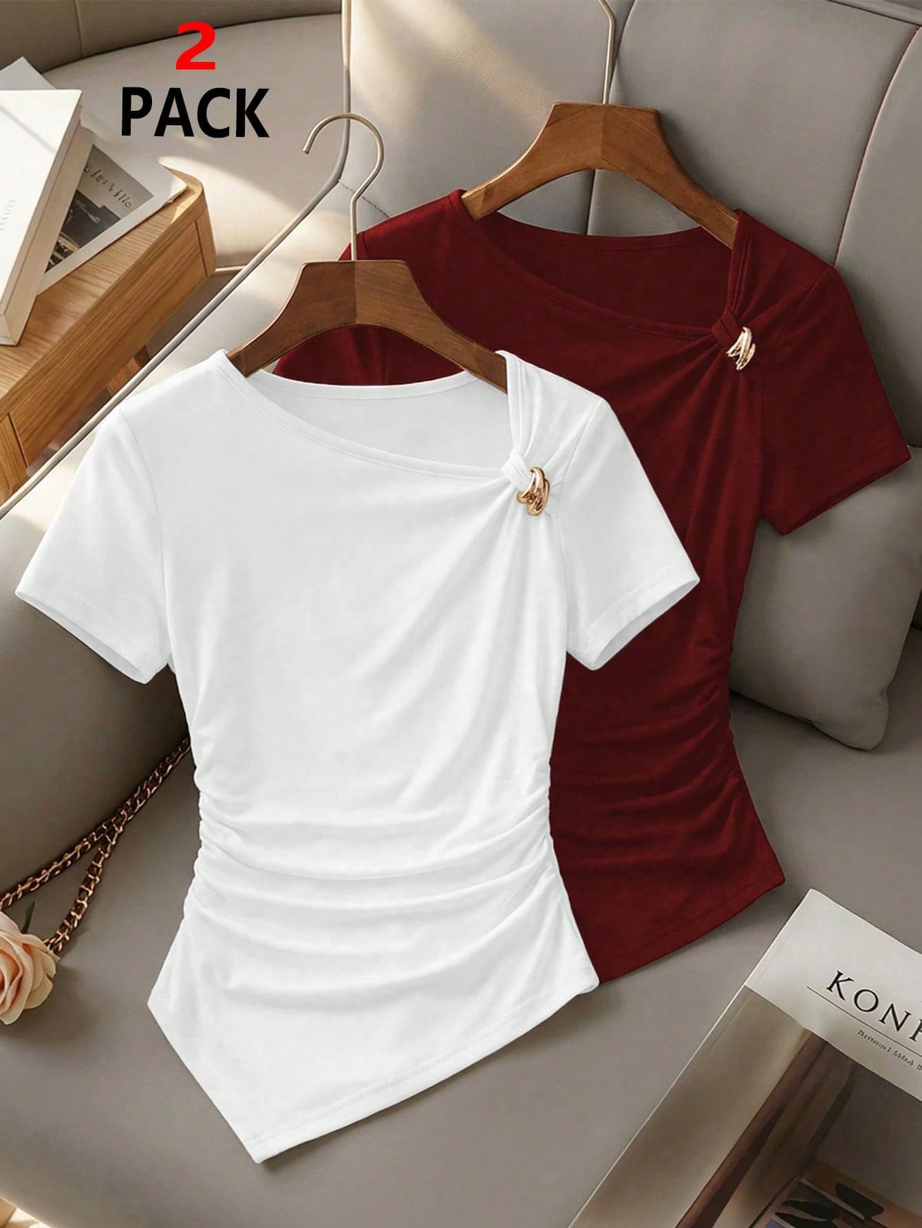 2pcs Teen Girl White Summer Elegant Party Multi-Color Asymmetric Neck Ruched Waist, Metal Buckle Asymmetric Short Sleeve T-Shirt, Fashion Daily Campus