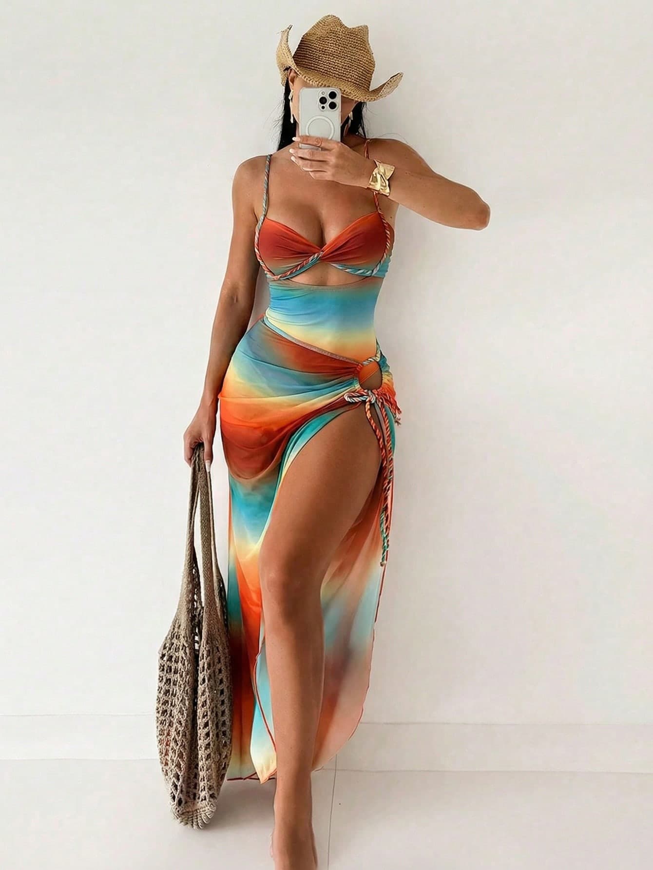 Swim SXY Summer Burnt Orange Boho Women 2pcs/Set Gradient Rope Strap Crop Top & Tie Side Beach Dress Bikini Set,Beach Vacation Holiday Rave Outfit Resort Wear