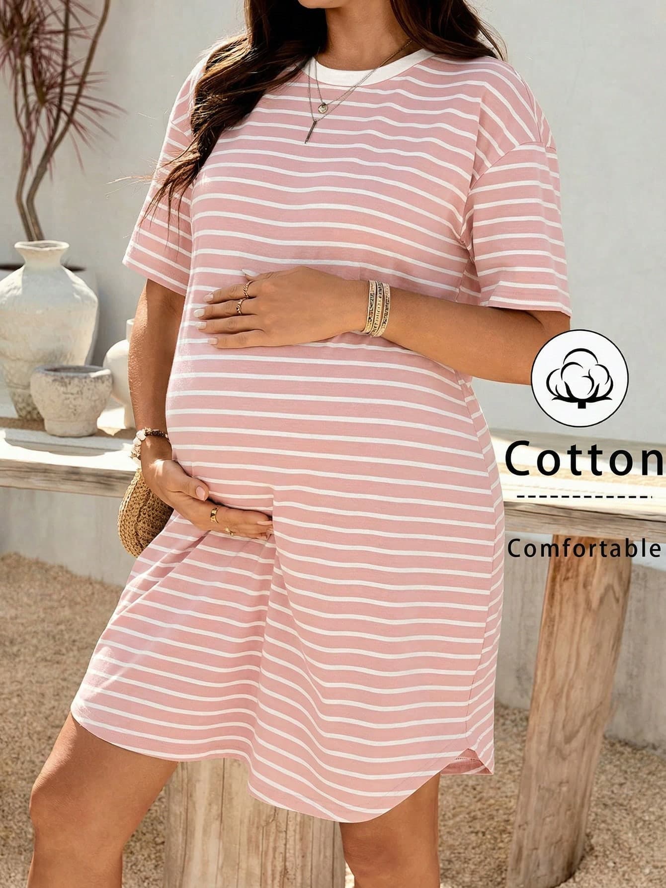 SHEIN Pink Summer Casual Maternity Photoshoot Dress,Basic Striped Pregnancy Clothing For Women,Comfortable Everyday Outfits,Zanzea Work Dresses