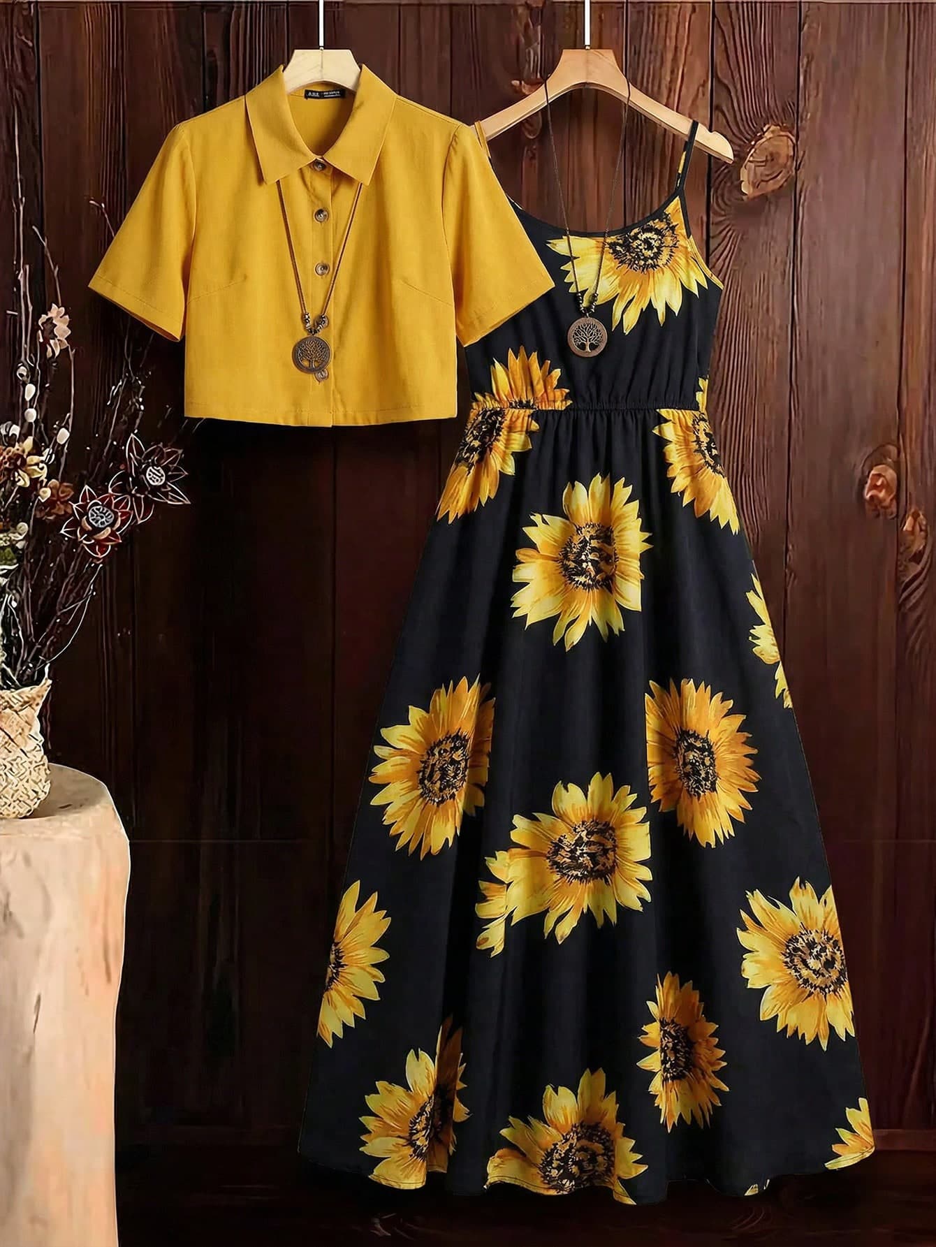 SHEIN Clasi Women's 2-Piece Set Black And Yellow Sunflower Print Spaghetti Strap Maxi Dress And Short Sleeve Shirt,Boho Summer Holiday Vacation Holiday Outfit