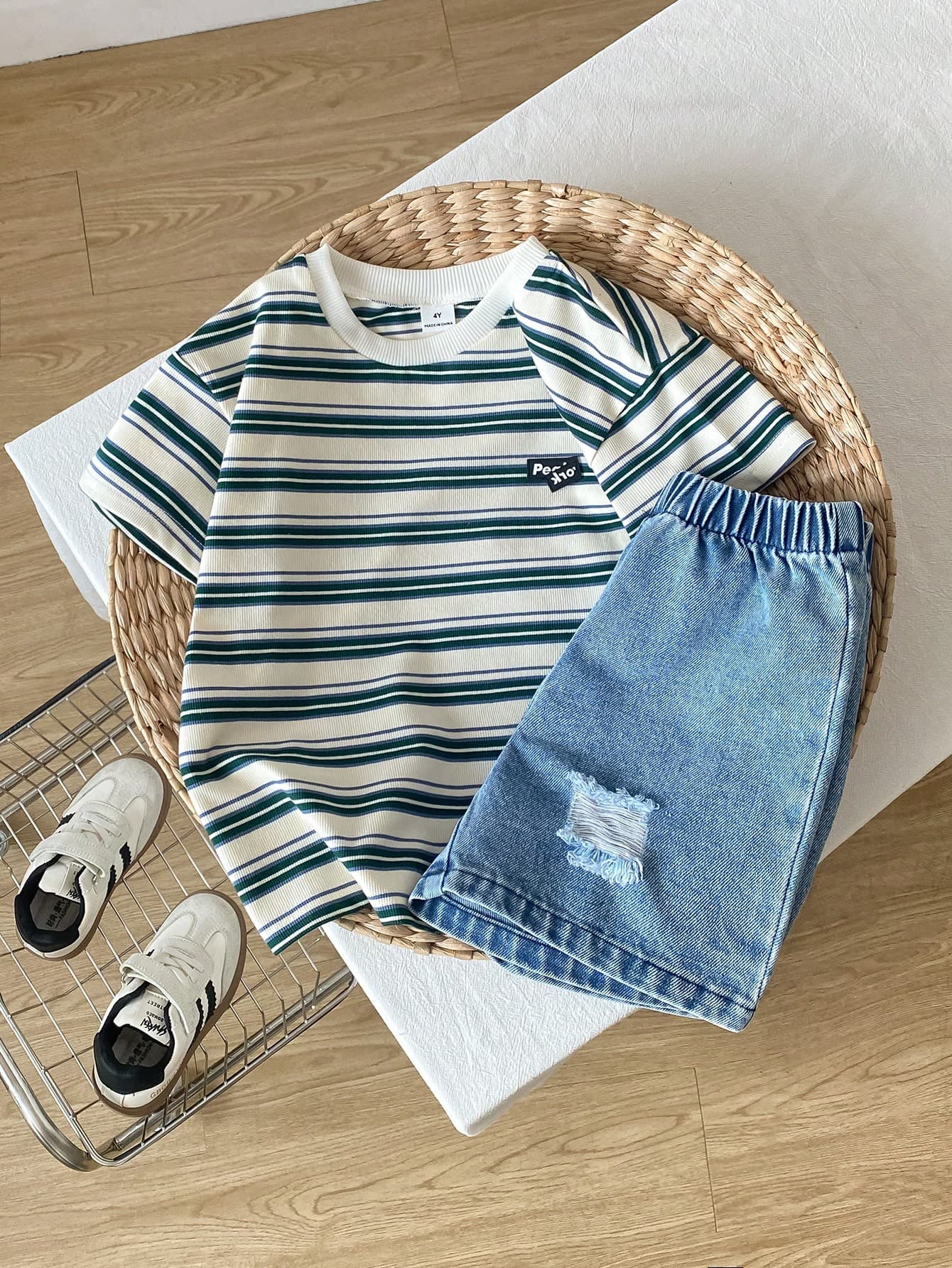 Playful Pals 2pcs/Set Young Boys Striped Letter Print Short Sleeve T-Shirt+Distressed Washed Denim Shorts,Casual Retro Streetwear Summer School Back-To-School