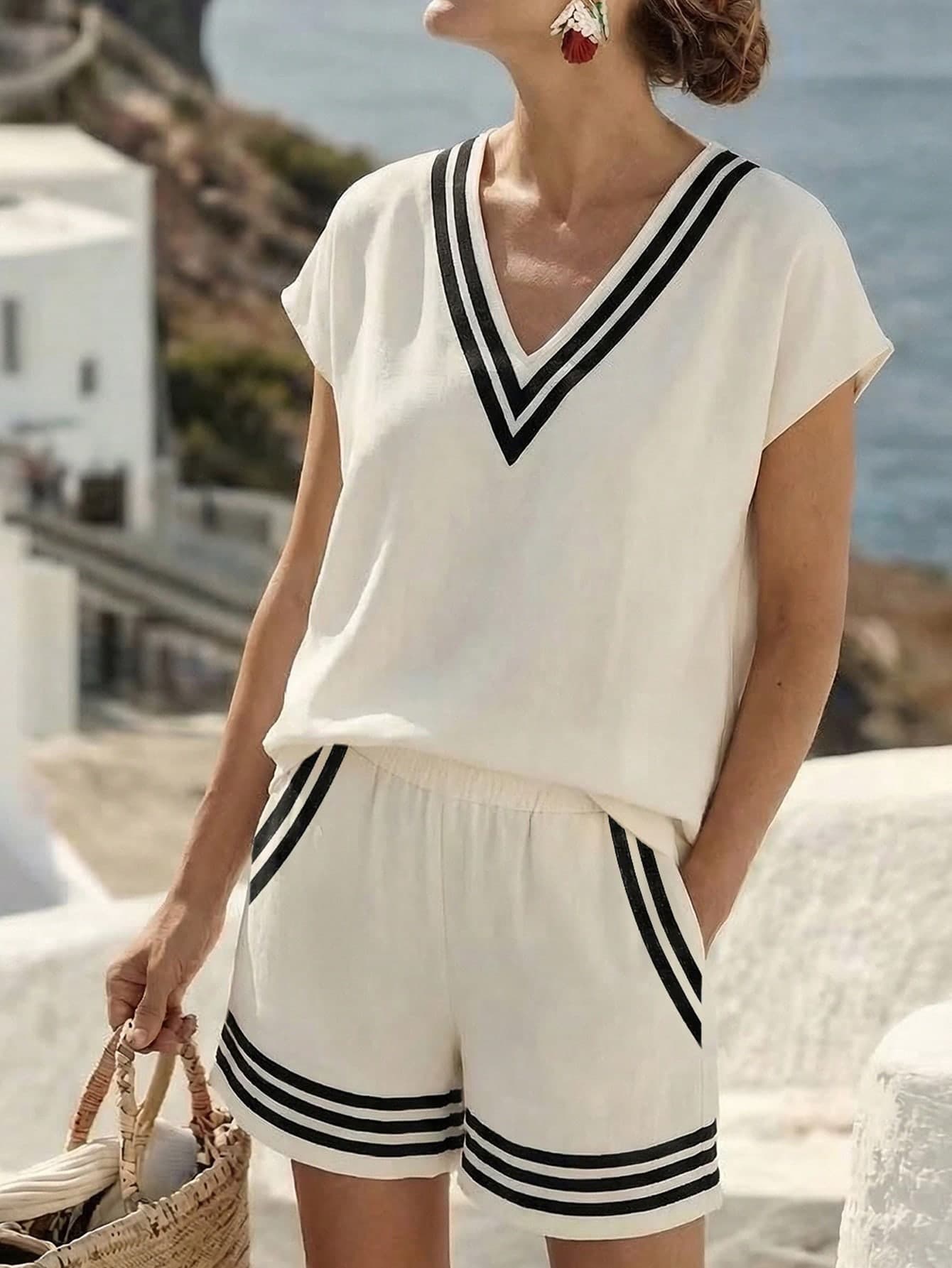 SHEIN Holidaya Women's Off-White Summer Casual Two Piece Shorts Set,Loose Fit Holiday Vacation Camping Party Vacation Breathable High Waist Resort Outfit