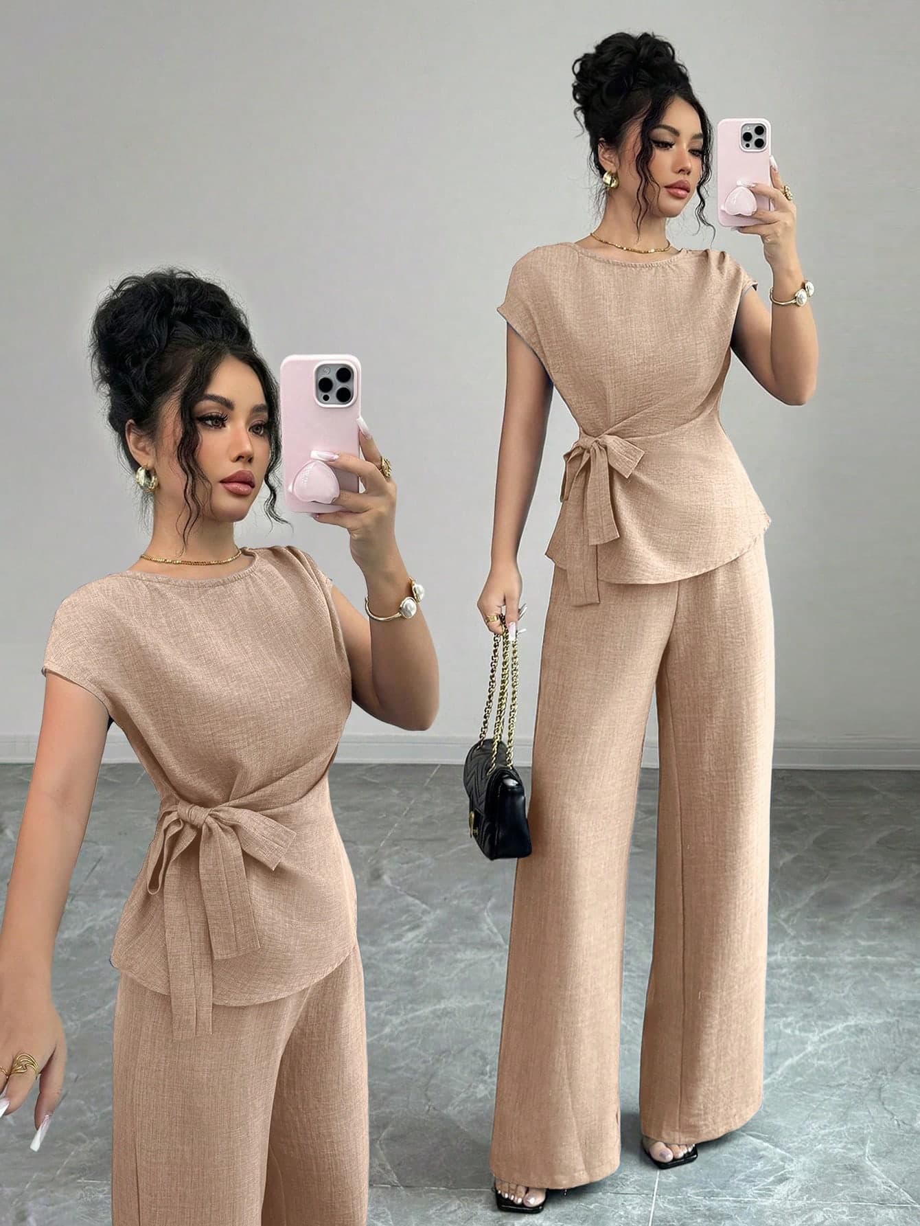 Elenzga Women's Elegant Summer Tea Party Apricot Commuter Casual Blue Pleated Adjustable Waist Bow Tie Blouse + High Waist Pocket Design Wide Leg Pants Set