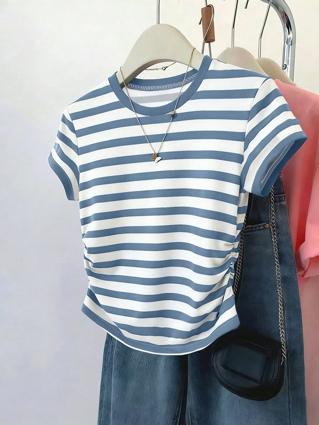 Resyla Women's Blue And White Stripe T-Shirt,Summer Casual Vacation Outdoor Blouse,New Design Fitted Waist Versatile For Dates,Office,Back To School