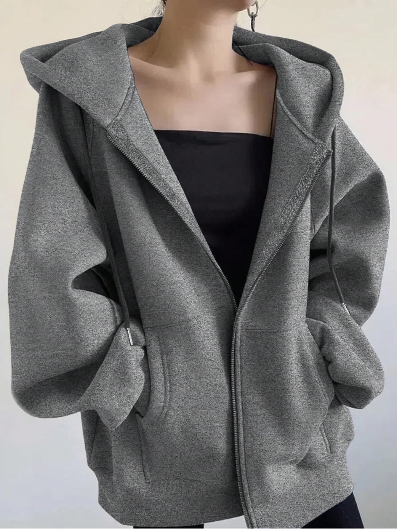 INAWLY Plus Size Women Loose Casual Hooded Zip-Up Jacket Fall