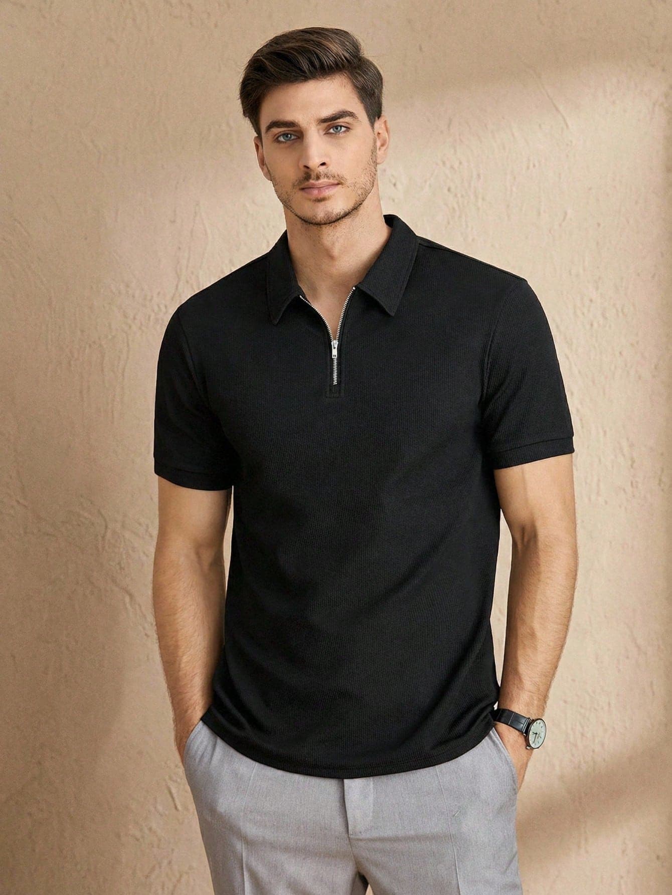 Manfinity VCAY Men Fashion Plain Work Quarter Zip Ribbed Knit Polo Shirt, For Golf, Vacation, Father's Day Gifts, Football