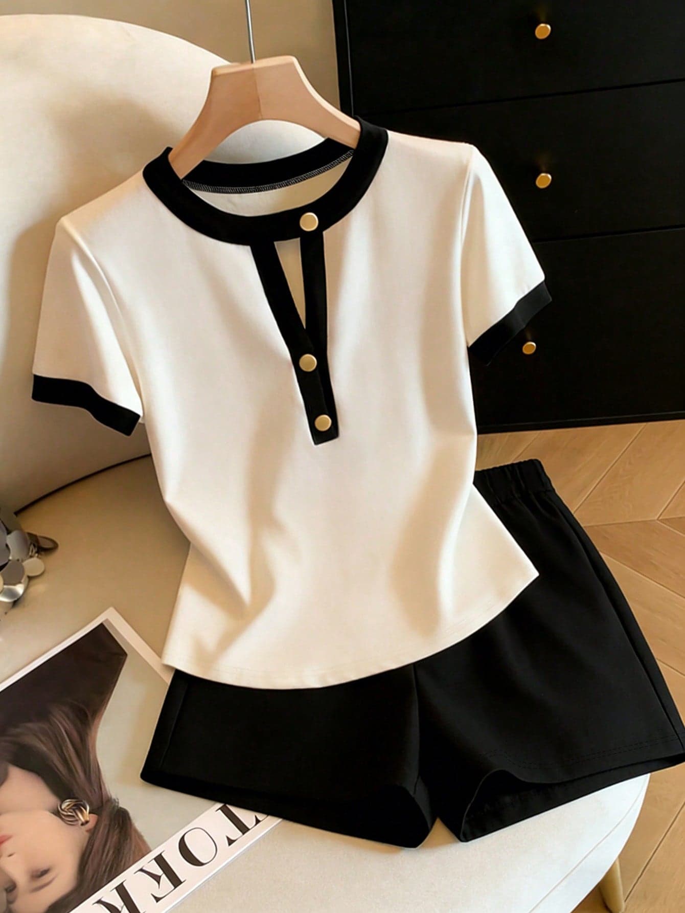 Franclia Women's Casual Black And White 2 Pieces Set,Summer Elegant Short Sleeve T-Shirt And Shorts,Brunch Outfits For Petite Ladies,New Elegant Clothes