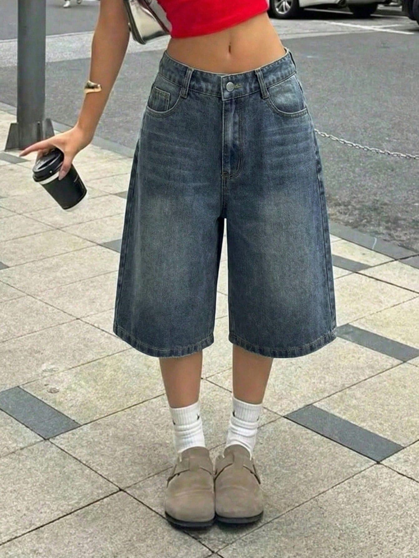 SHEIN Teen Girl Y2K Retro Washed Pocket Design Loose Bermuda Denim Shorts, Suitable For Summer Chill, School, Campus, College, Suitable For Spring And Summer Boho, Season Vintage//Beach/Sea/Elegant Graduation