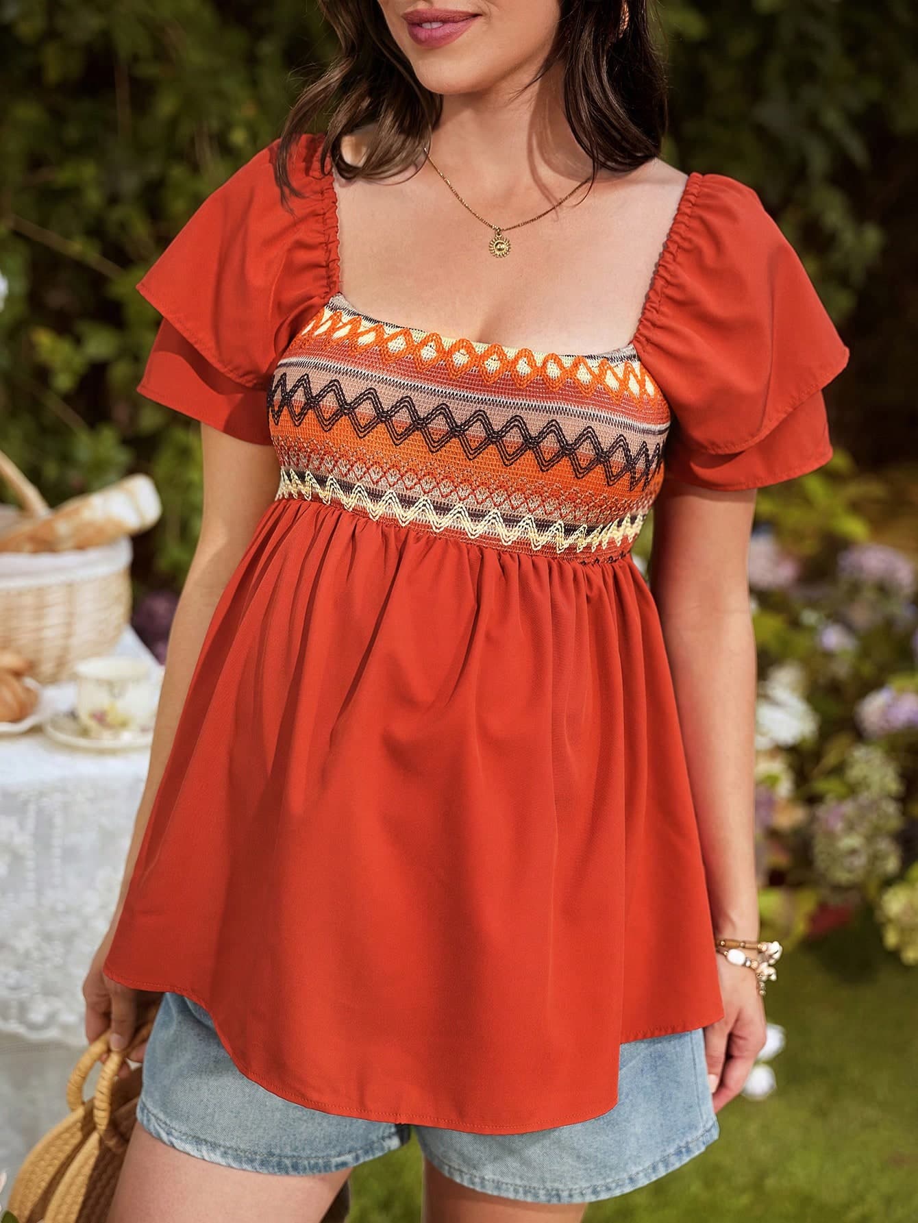 SHEIN Red Boho Satin Geometric Pattern Ruffle Sleeve A-Line Maternity Blouse,Summer Holiday Picnic Cute Women's Tops Casual Boho Tops For Women