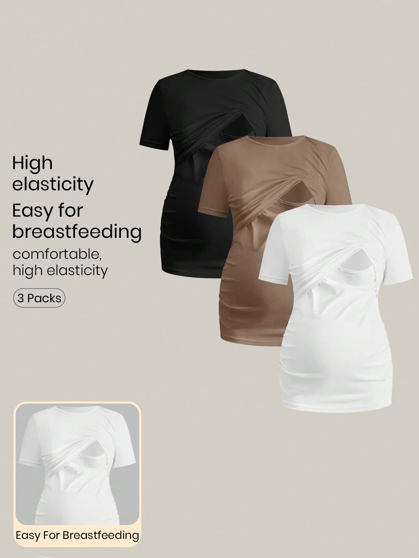 Modmama 3pcs/Set Pregnant Women Solid Color Ruched Nursing Function Casual Daily Short Sleeve Tops