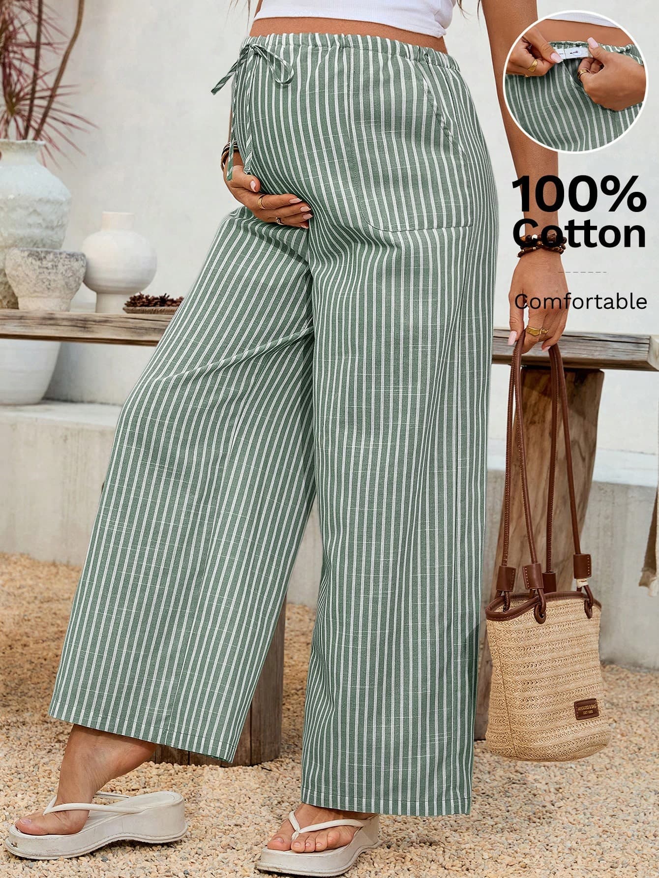 SHEIN Adjustable Waist Striped Wide Leg Loose Casual Maternity Pants