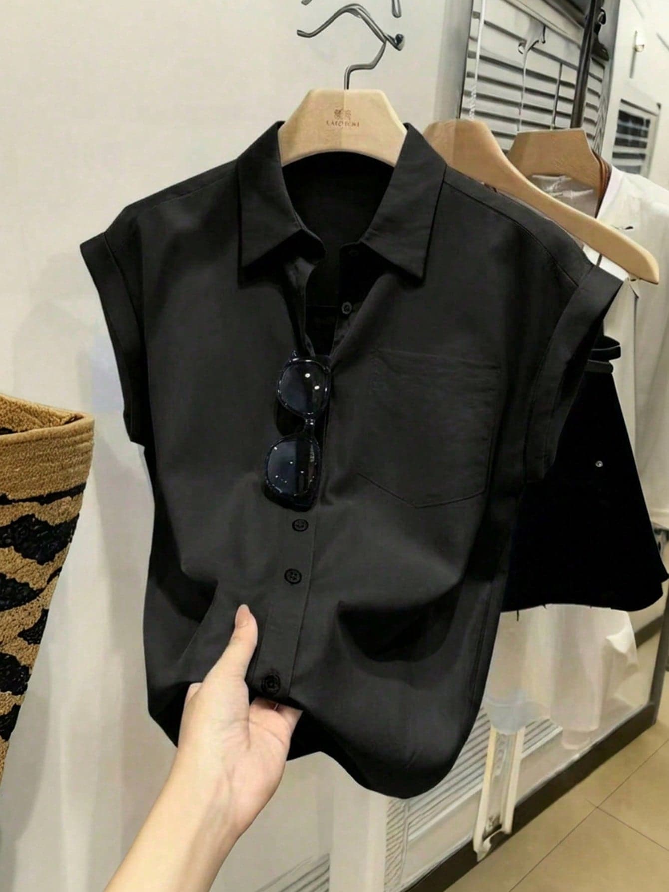SHEIN Franclia Casual Regular Length Collar Shirt For Women Black Woven Fabric With Short Sleeves And Pocket