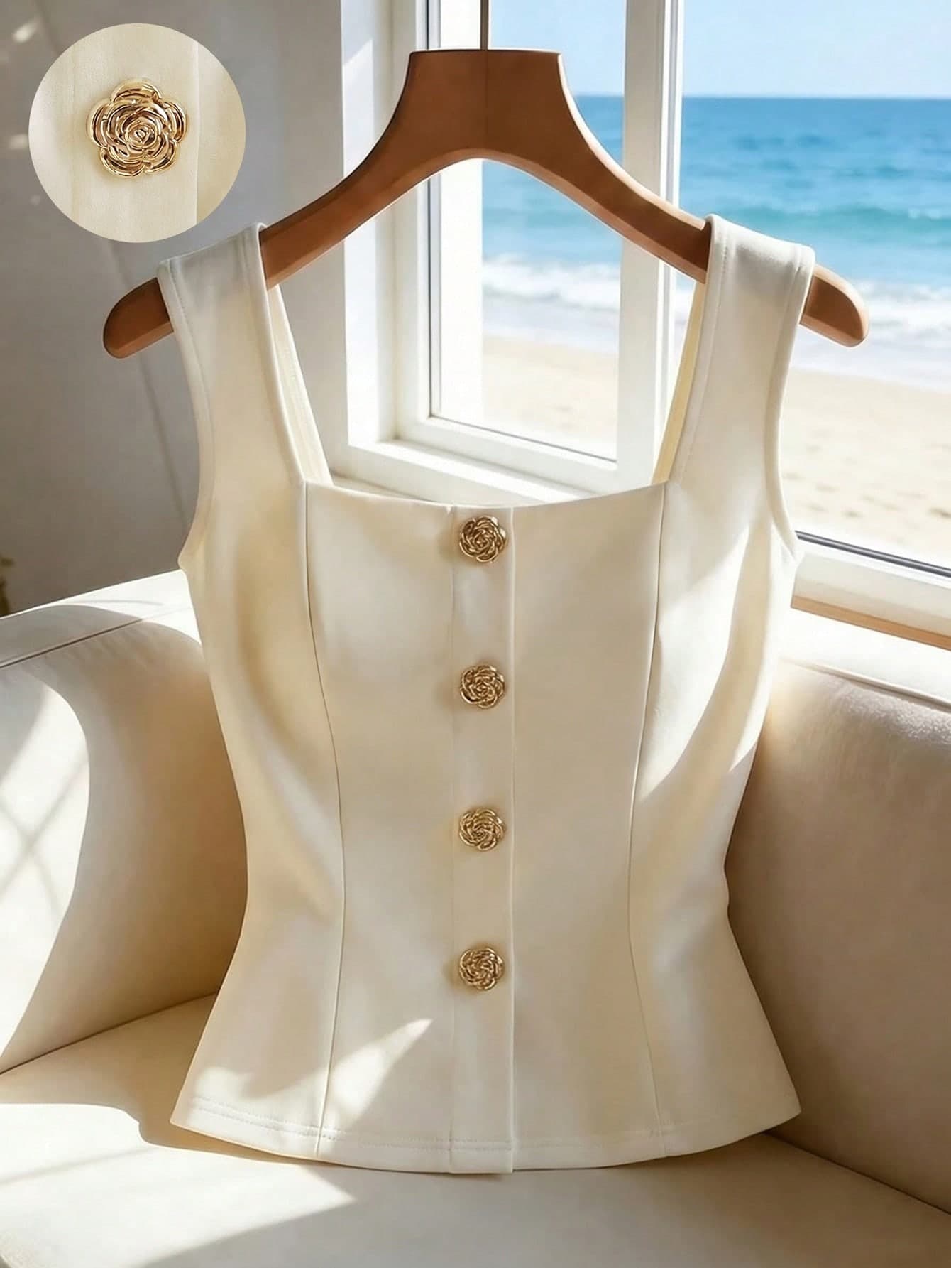 Franclia Women's Elegant Cream White Summer Vest, French Style Sleeveless Top With Decorative Buttons, Holiday Tea Party, Chic Business Office Wear, Y2K