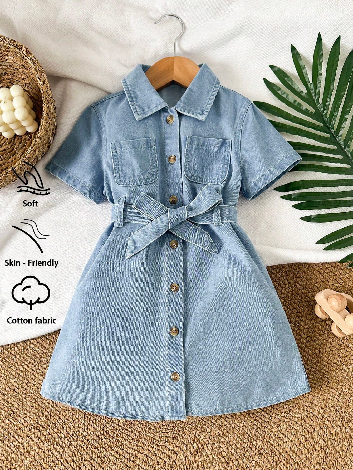 SHEIN Vintaside Kids Young Girls' Denim Dress,Sky Blue Elegant Back-To-School Summer Lightweight Cotton Fabric,Short Sleeve Button Front A-Line Skirt With Belt&Pocket