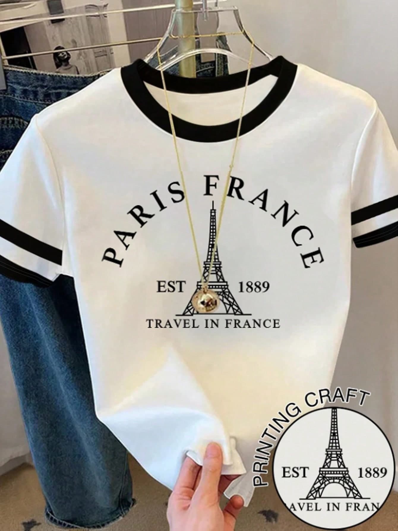 SHEIN Sparklyn Women & Teen Girls' Retro Paris France Eiffel Tower Striped Short Sleeve T-Shirt,Black And White,Summer,Casual,Graduation,Back-To-School Tops