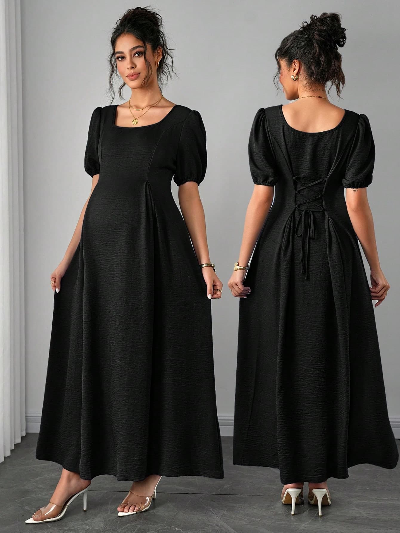 SHEIN Asymmetric Shoulder Ruched Waist A-Line Elegant Romantic Maternity Dress, Comfortable