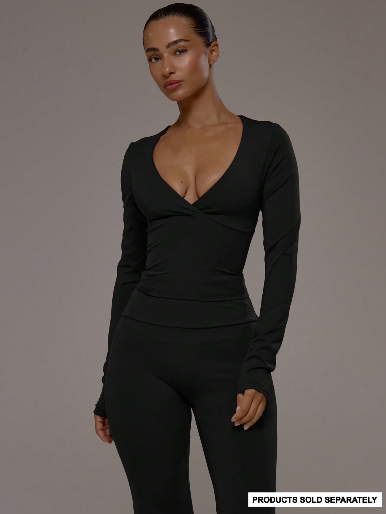Musera Sport Wrap Front V-Neckline Doule Layered Long Sleeve Active Top Only Sport Workout Gym Pilates Fitness Daily Casual