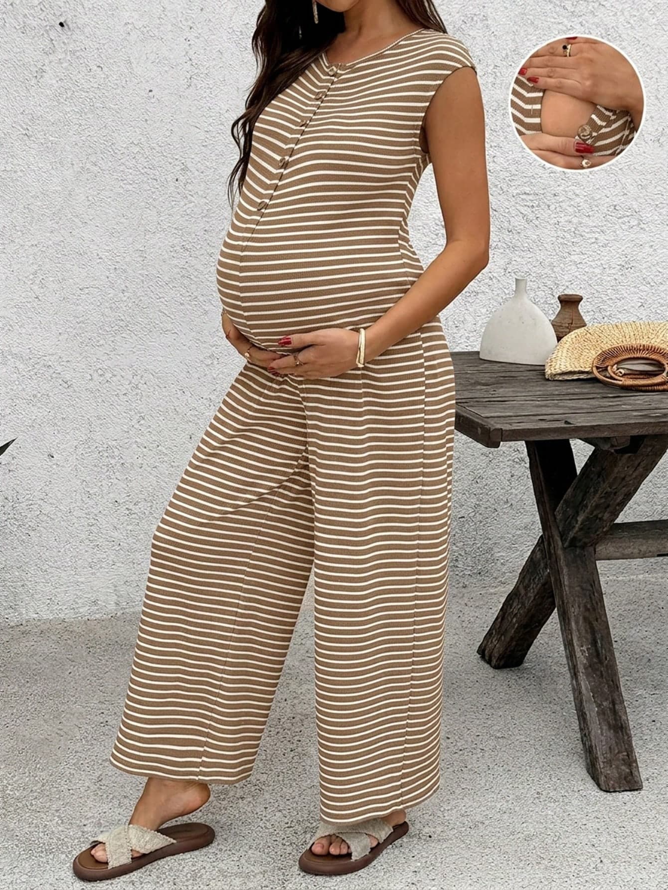 SHEIN Women's Maternity Striped Round Neck Cap Sleeve Nursing Jumpsuit, Summer Vacation White Sequin Smart Casual Wide Leg Yoga Wear Gender Reveal