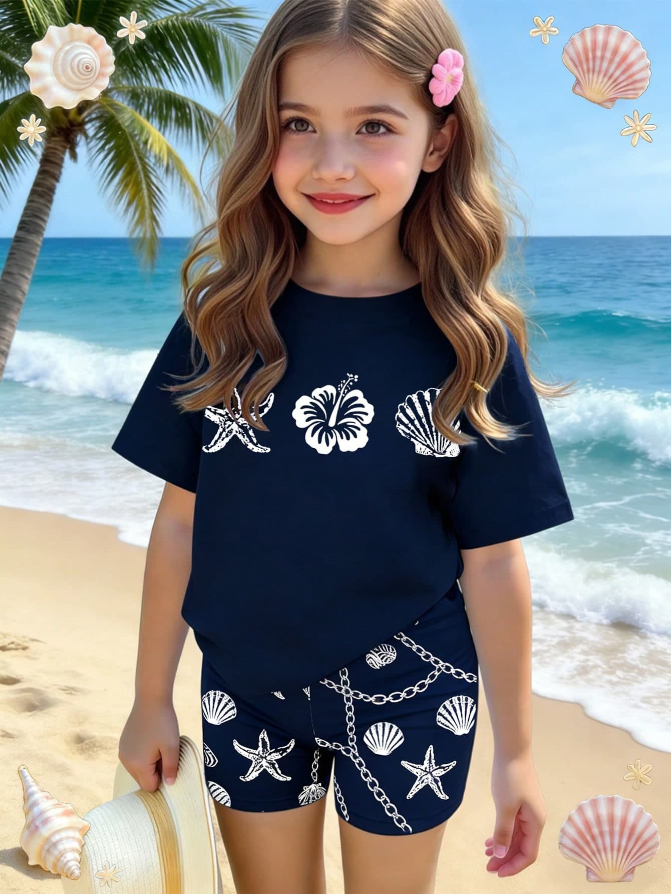 SHEIN 2pcs/Set Young Girl Summer Sets, Cute Ocean Life, Shell, Bow Print Round Neck T-Shirt And Snug Bike Shorts, Holiday, Beach Outfit For Young Girl
