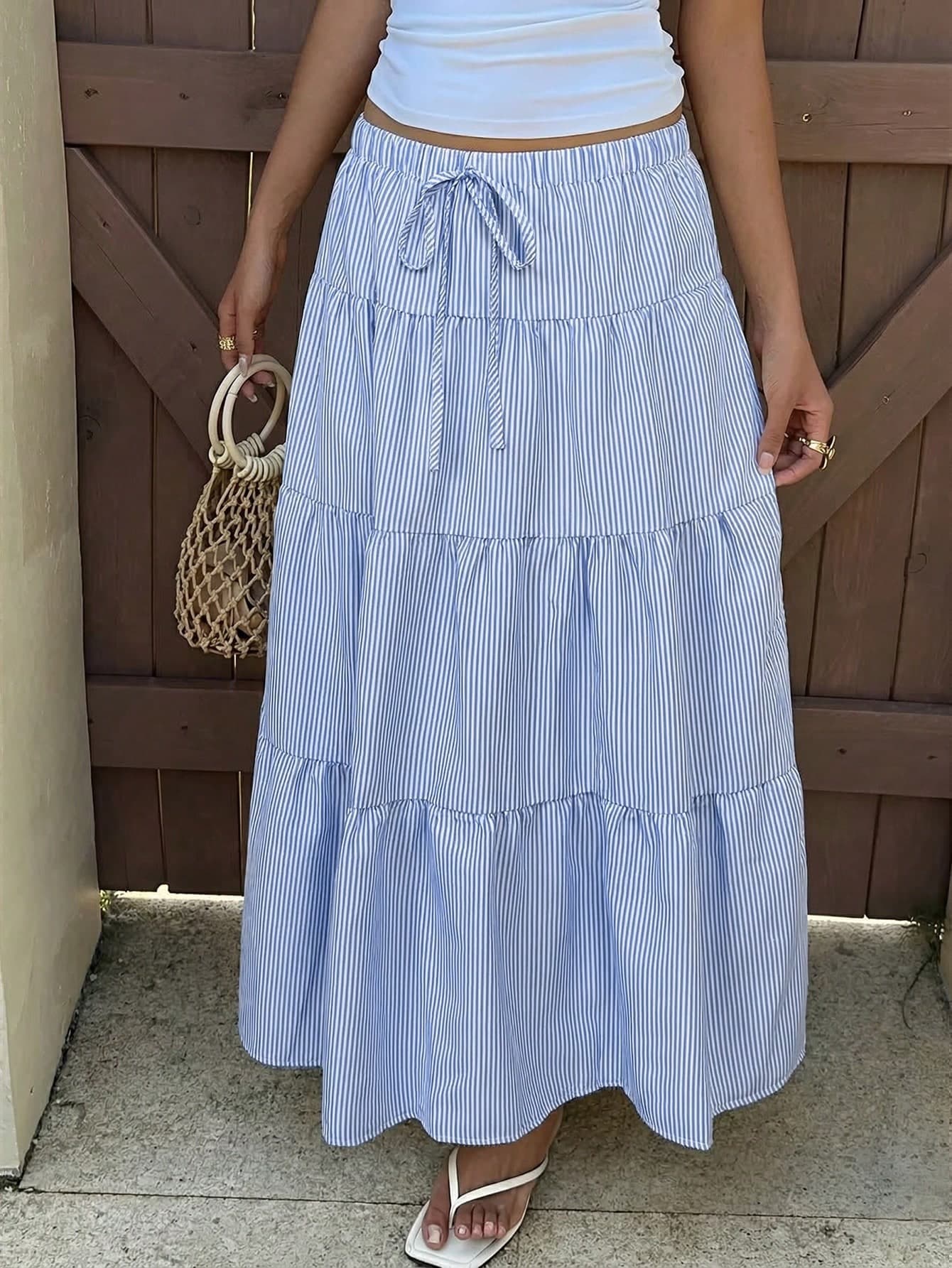 SHEIN EZwear Women's Blue And White Stripe Drawstring Waist Casual Maxi Skirt,Cotton Linen Boho Summer Beach Vacation Holiday Greece Outfits Date Night & Outing