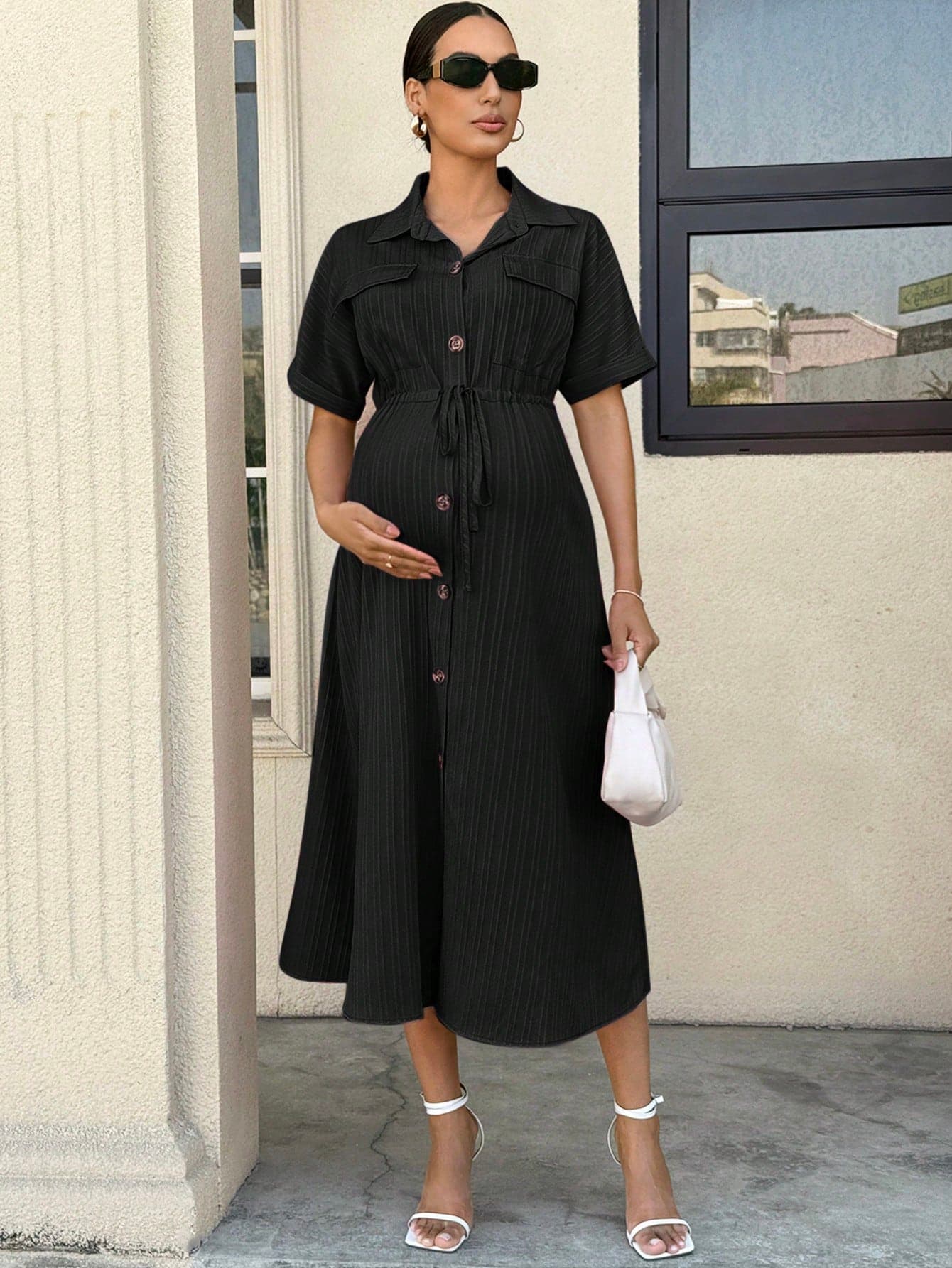 MaterniWear Maternity Solid Color Black Knotted Waist Button Down Dress, Summer Smart Casual Everyday Work Maternity Photoshoot Minimalist Cotton Linen Outfits