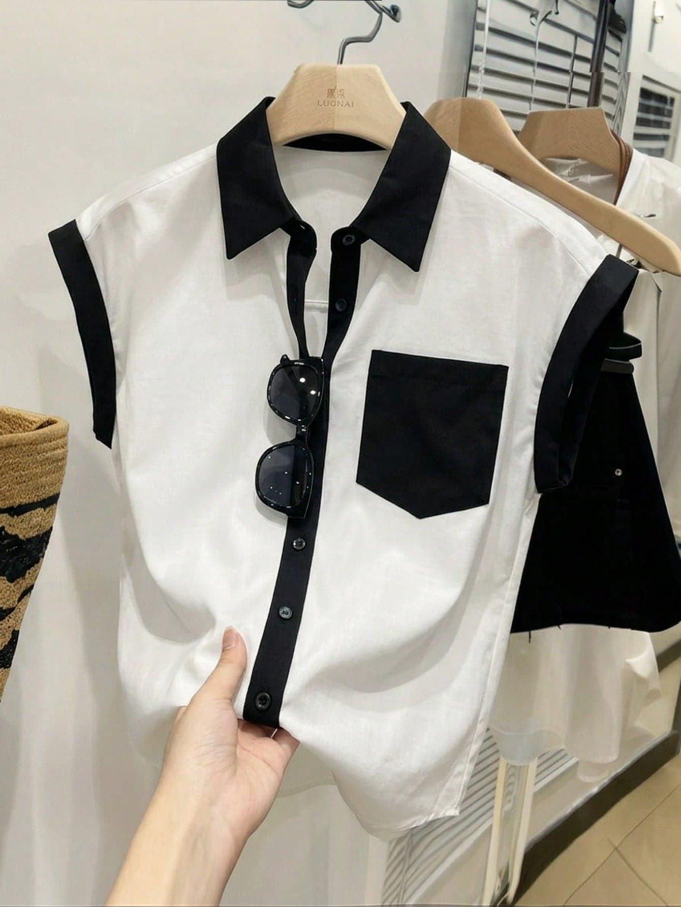 SHEIN Franclia Women Regular Length Casual Geometric Black And White Shirt With Collar Short Sleeves And Front Pocket