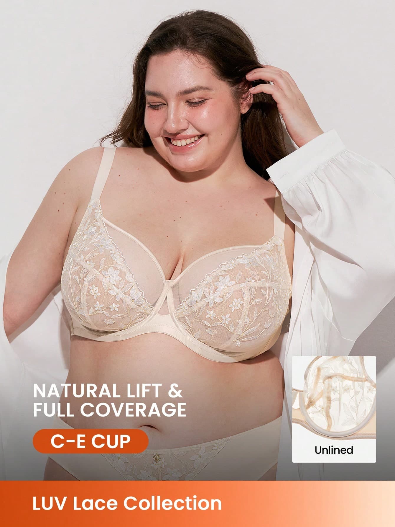 LUVLETTE Plus Full Coverage Lingerie Breathable Unlined Embroidered Lace Gold Beige Mesh & Lace Bra Minimizer Bra Wedding Bra