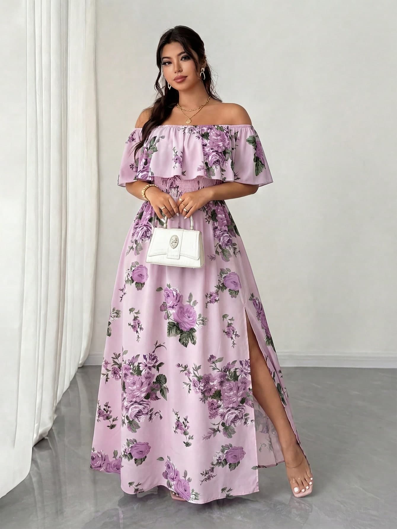 Elenzga Plus Size Women's Pink Floral Summer Boho Vacation Holiday Off Shoulder Ruffle Waist Pleated Maxi Dress,Floral Print New Arrival Dress