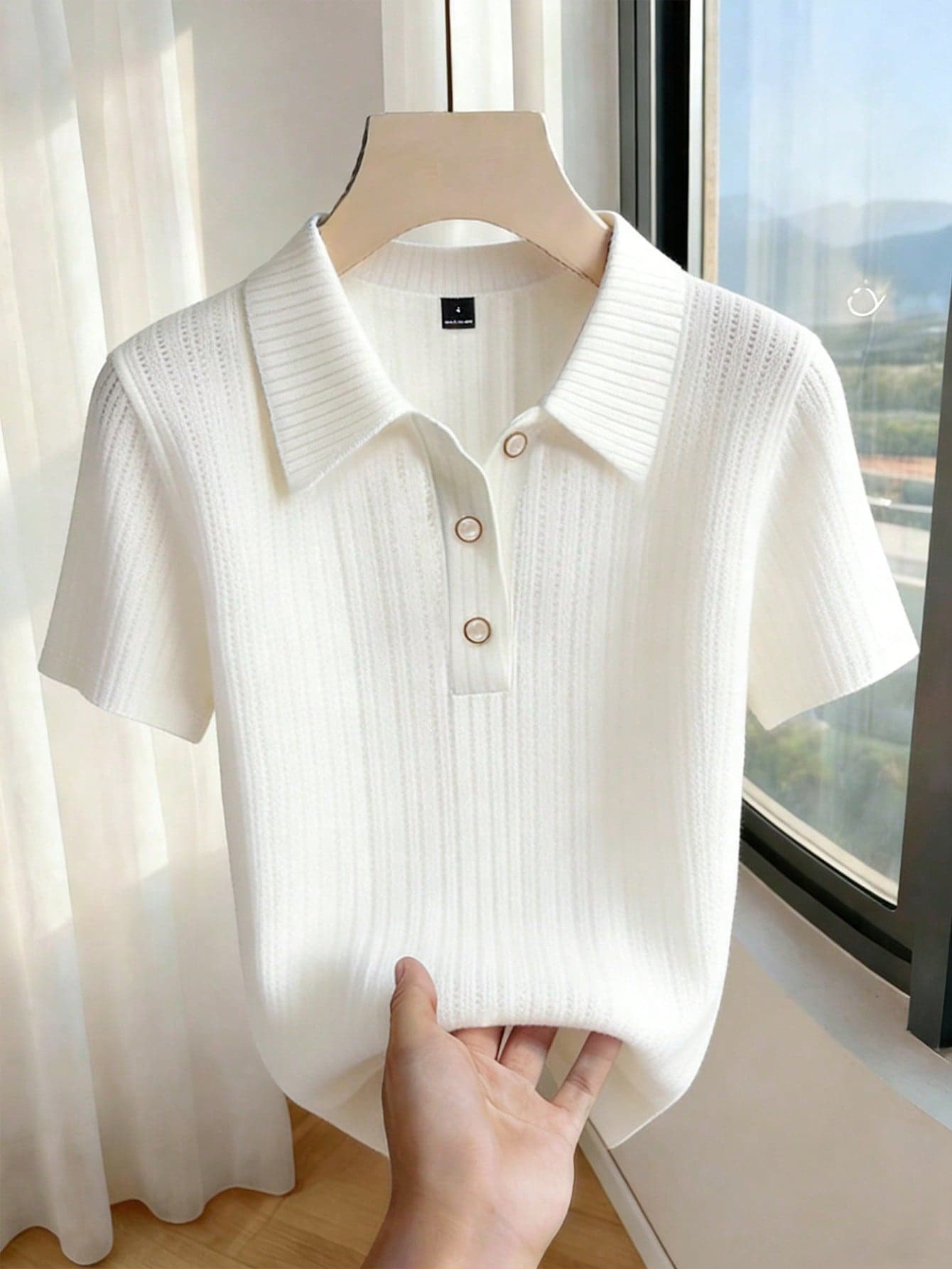 GlowEve Women's High Elastic White Knit Ribbed Polo T-Shirt,Pearl Button Short Sleeve Top,All White,Summer,Chic,Everyday Elegant Party Commute Polo Blouse
