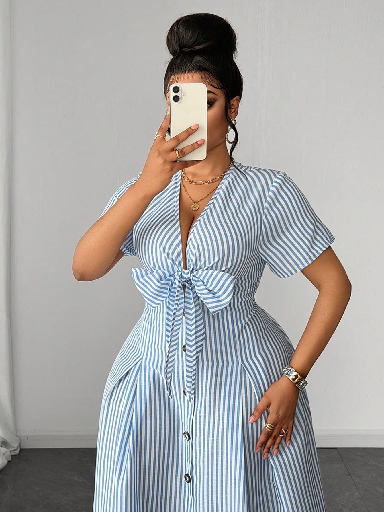 Maweii Plus Size Casual Striped Short Sleeve Vacation French Style Dress