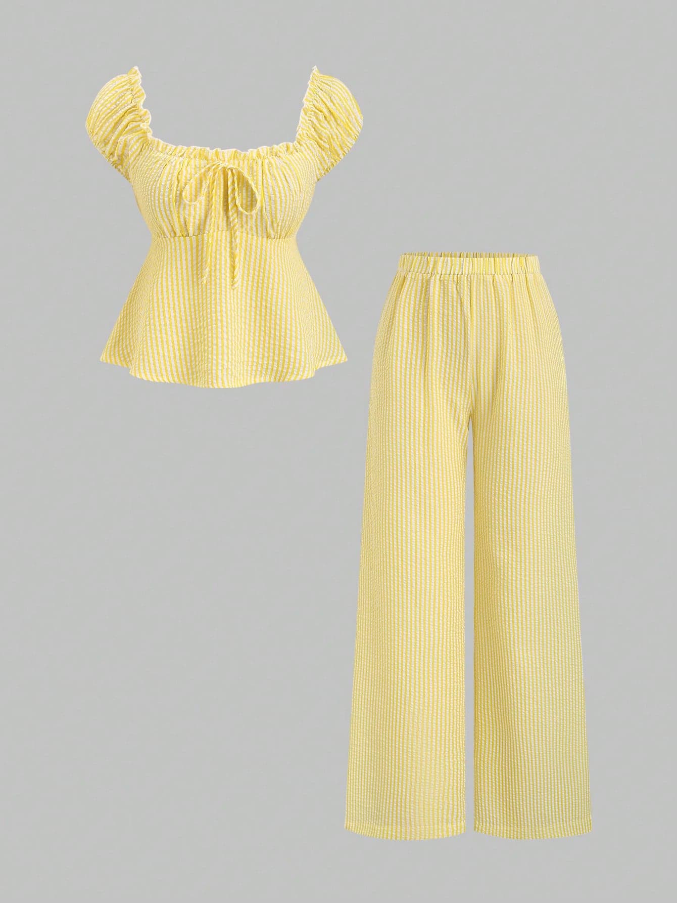 Sweetra Spring/Summer Fashion Outfit, French Sweet Puff Sleeve Striped Blouse & Loose Straight Leg Pants, Women 2 Pieces Set