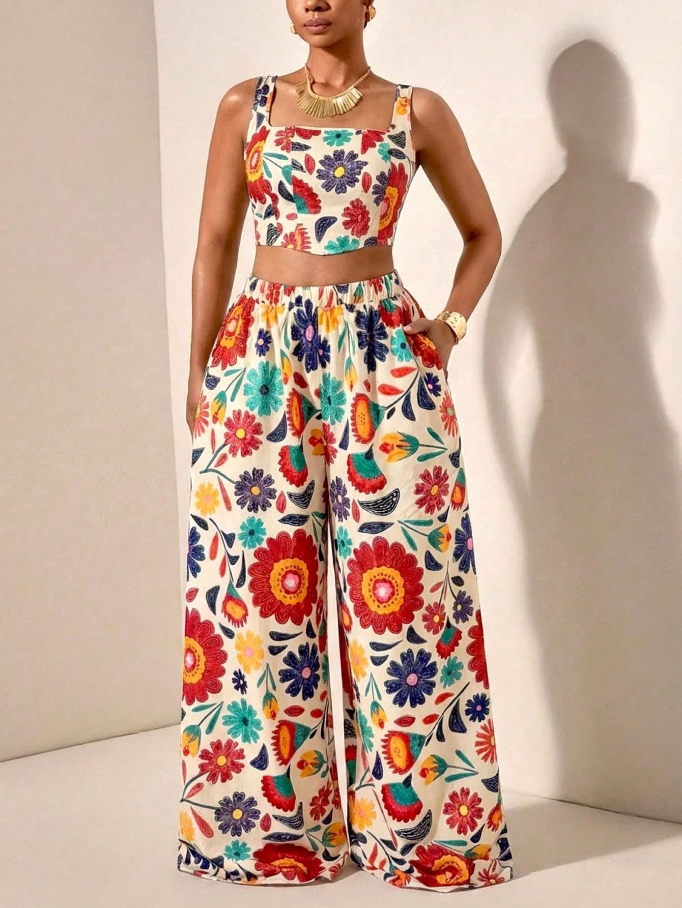 Slaydiva Beige Summer Boho Vacation Holiday Plus Size Floral Print Fishbone Strap Crop Top & Wide Leg Pants With Pockets 2 Pieces Set For Women Party Outfit