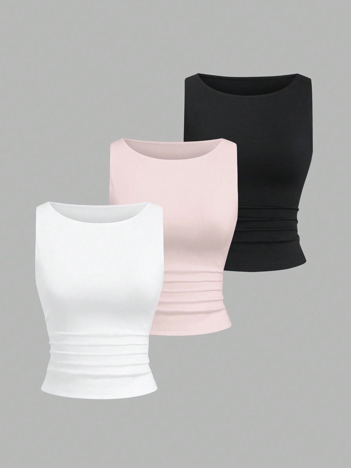 Sweetra Women's Solid Color Pleated Casual Scoop Neck Tank Top Set