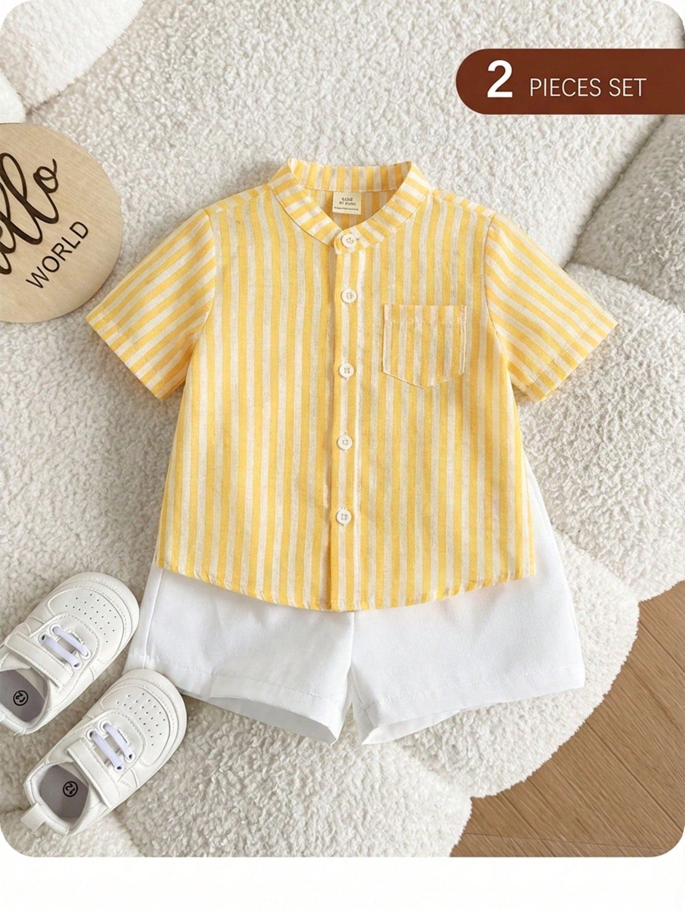 Baby Boy Casual Cute Striped Short Sleeve Shirt And Elastic Waist Shorts Set
