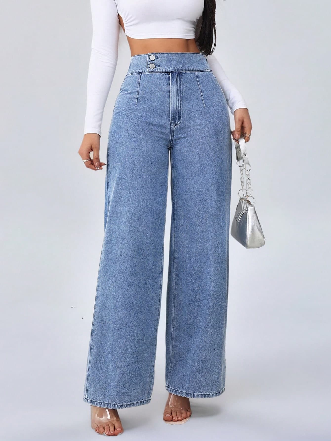 SHEIN Tall Women's Jeans High Waist Casual Loose Wide Leg Trousers Blue Style Straight Pants Tall Women's Jeans