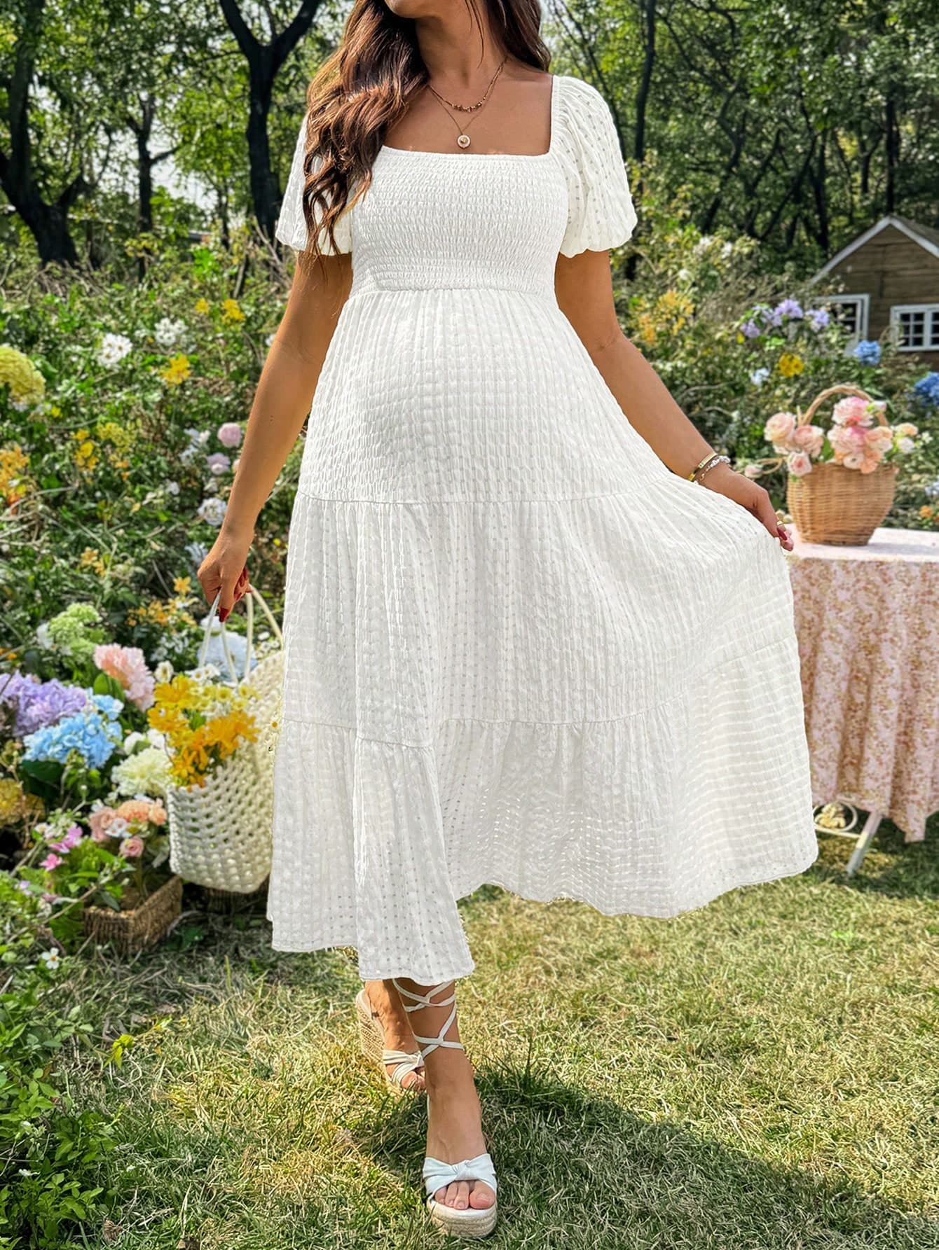 Lyckli Maternity Solid Color Raglan Sleeve Casual Midi Dress