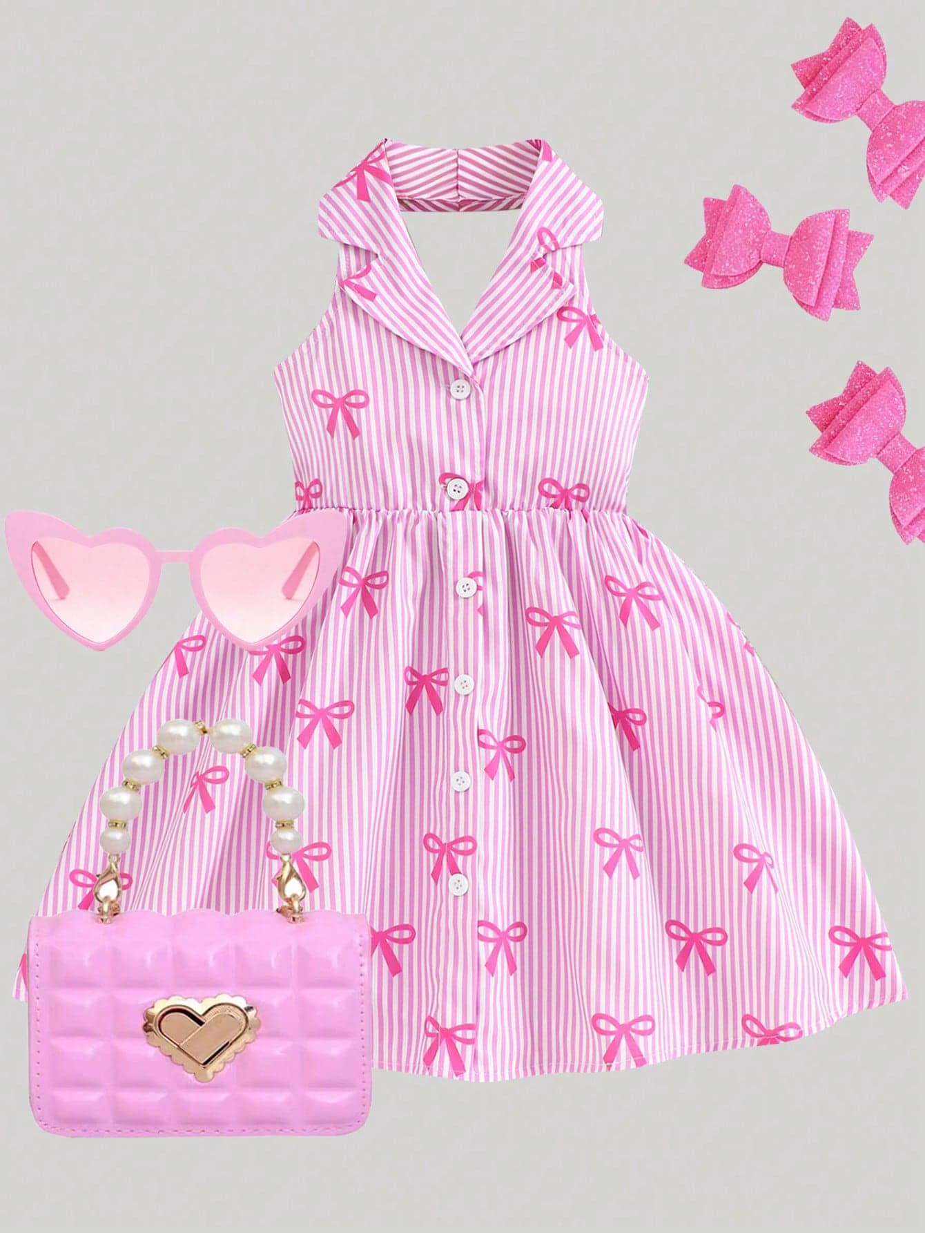 SHEIN Elladie kids Cute Young Girls Pink Sleeveless Collar Dress With Flared Short Hem And Bow Print For Spring