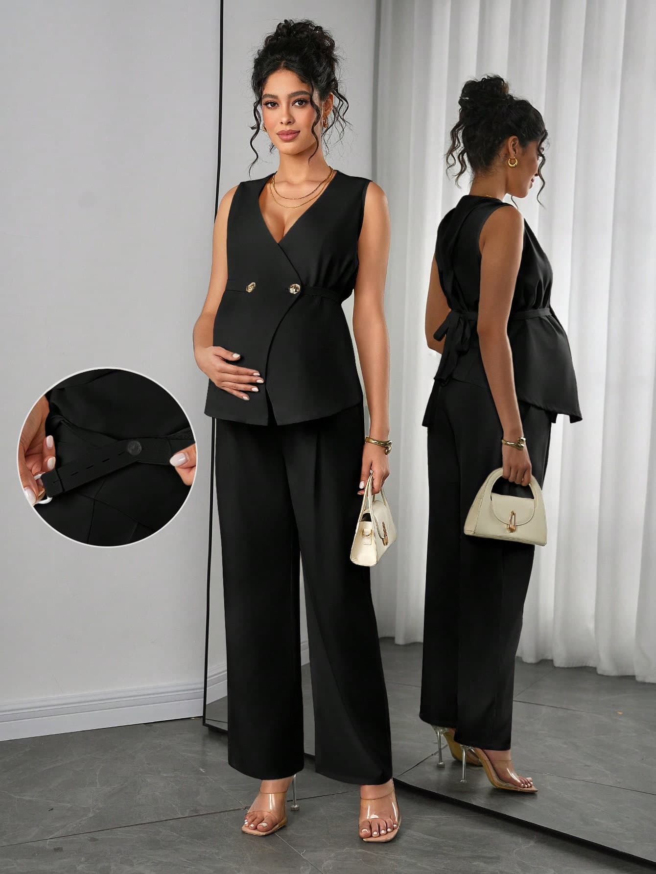 Momance Maternity Solid Color Minimalist Daily Wear Sleeveless Top And Pants 2 Pieces Set