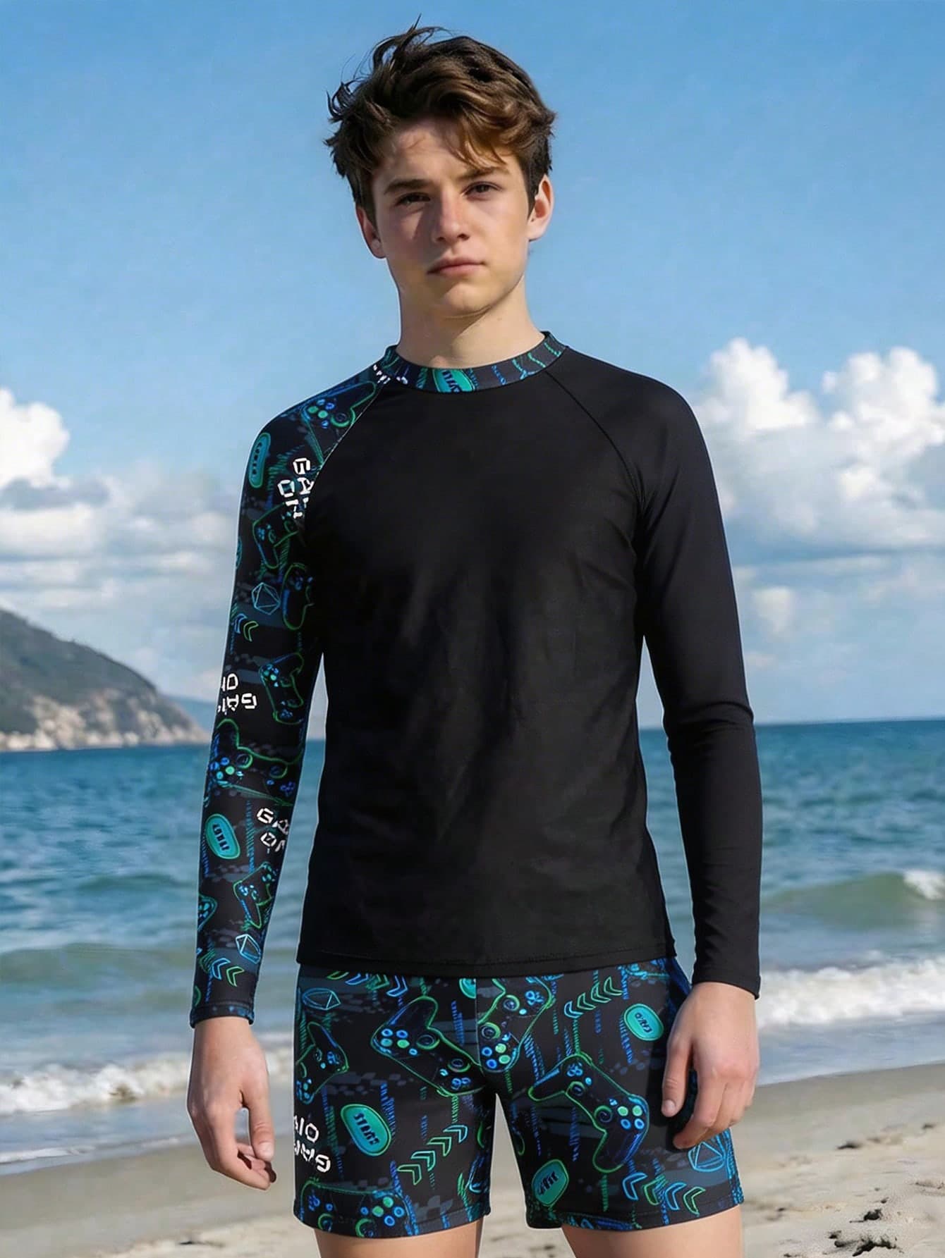 SHEIN 2pcs Teen Boys Black Summer Streetwear Beach Holiday Swimsuit,Game Console Vision Fluorescent Print Long-Sleeved Top And Swim Trunks Set