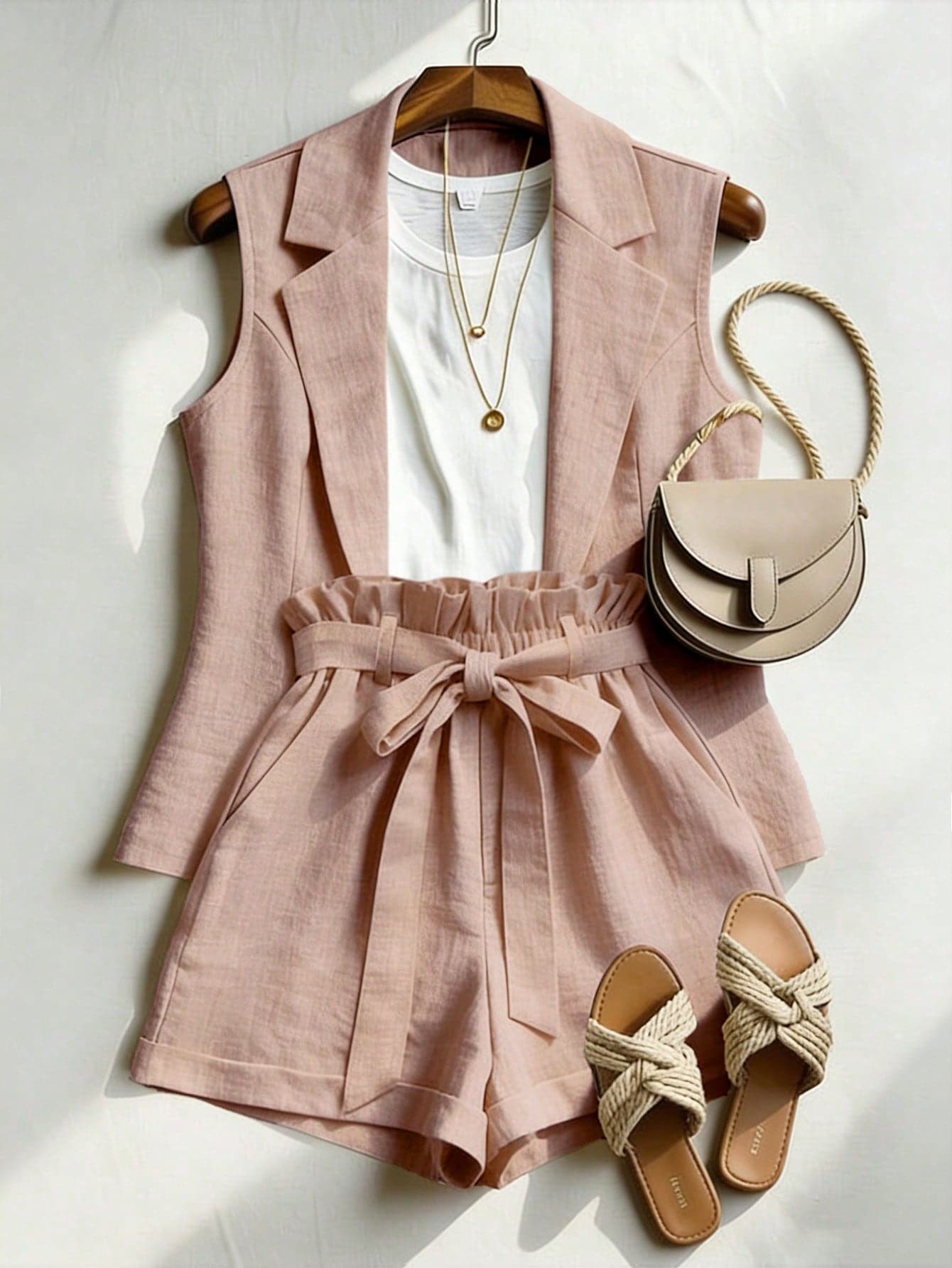 Franclia Women's Elegant Dusty Pink Summer 2 Pieces Set,Ruffled Tie-Waist Shorts,Loose Fit Blazer Shorts Set,Chic Holiday Vacation Holiday Outfit For Women