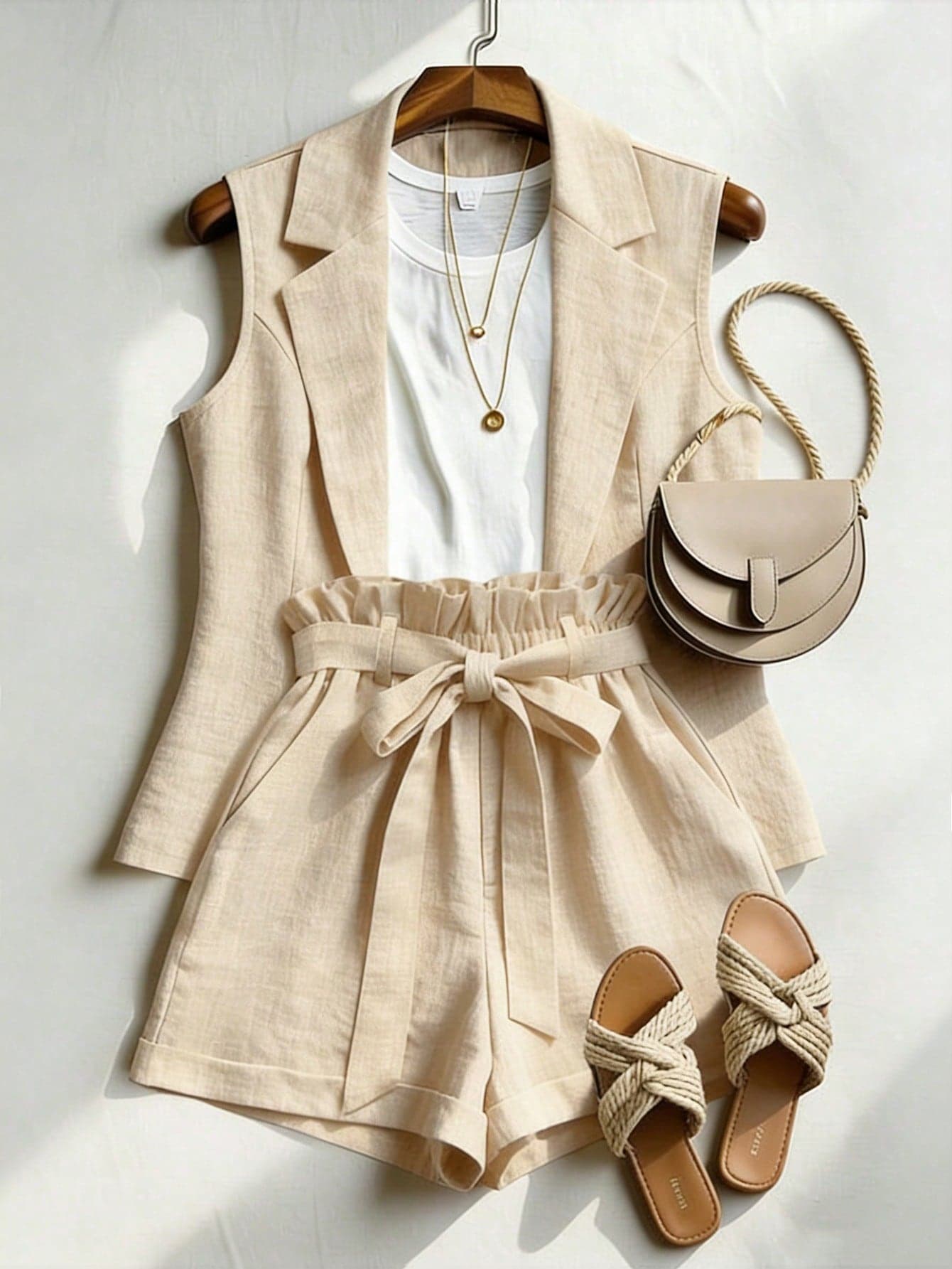 Franclia Women's Summer 2 Pieces Set,Beige Elegant Ruffled Tie-Waist Shorts,Loose Fit,Holiday Vacation Outfit,Casual Commuting Business Office Wear,Chic Style