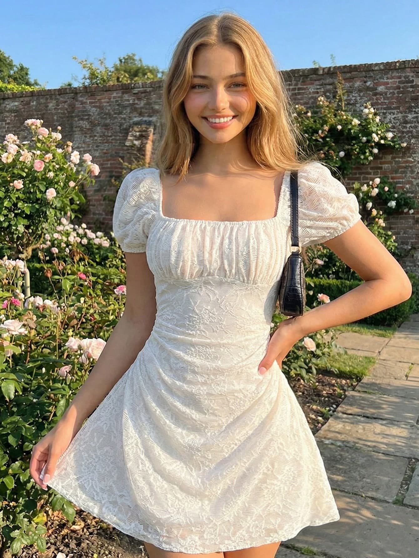 SHEIN Teen Girl Knitted Textured Floral Jacquard Solid Color Ruched Square Collar Elegant Dress,Kids