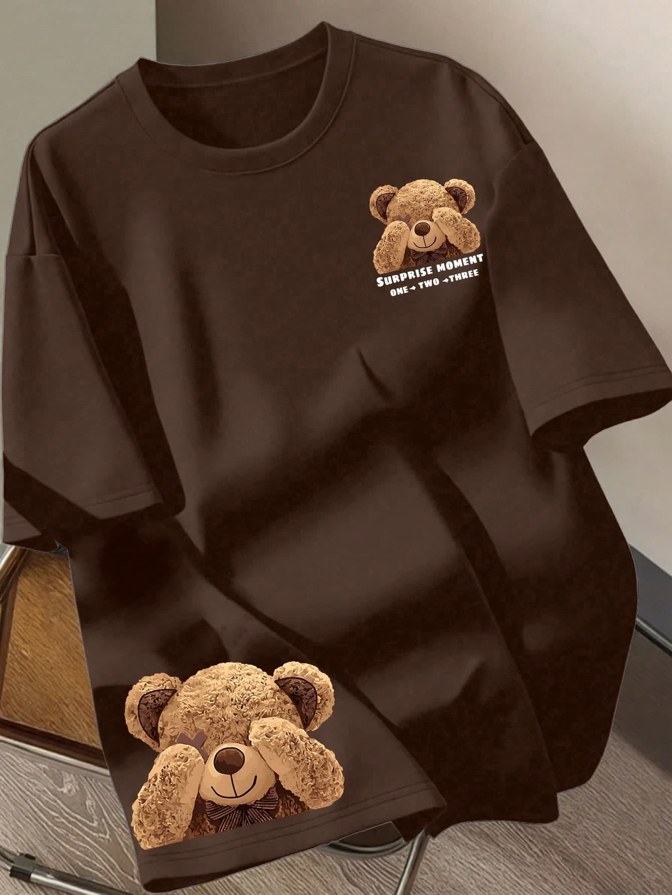 Resyla Women's Casual Letter & Cartoon Bear Print Round Neck Short Sleeve T-Shirt