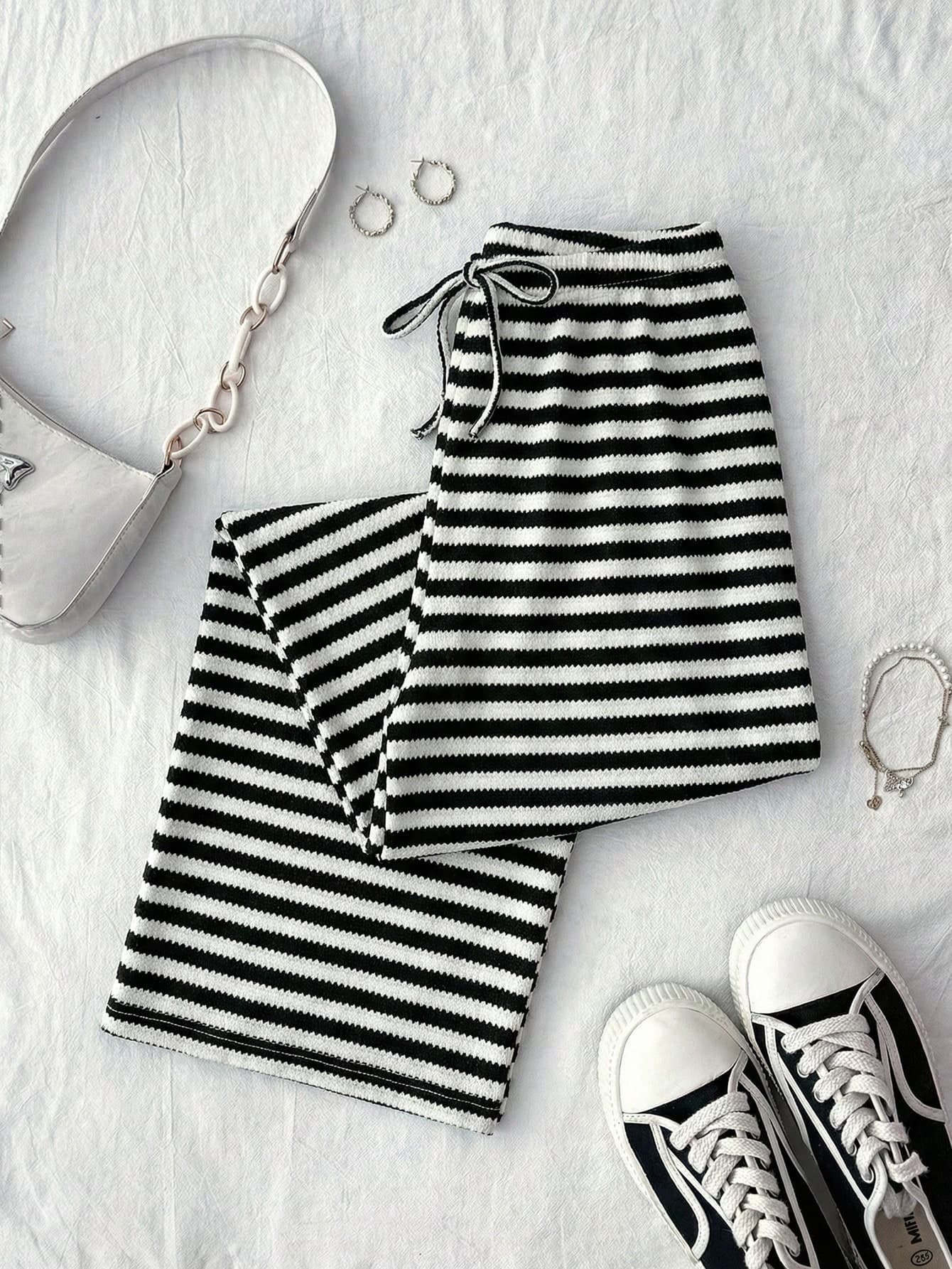 Teen Girl Knitted Striped Drawstring Waist Casual Pants Black And White Clothes For Tween Girls