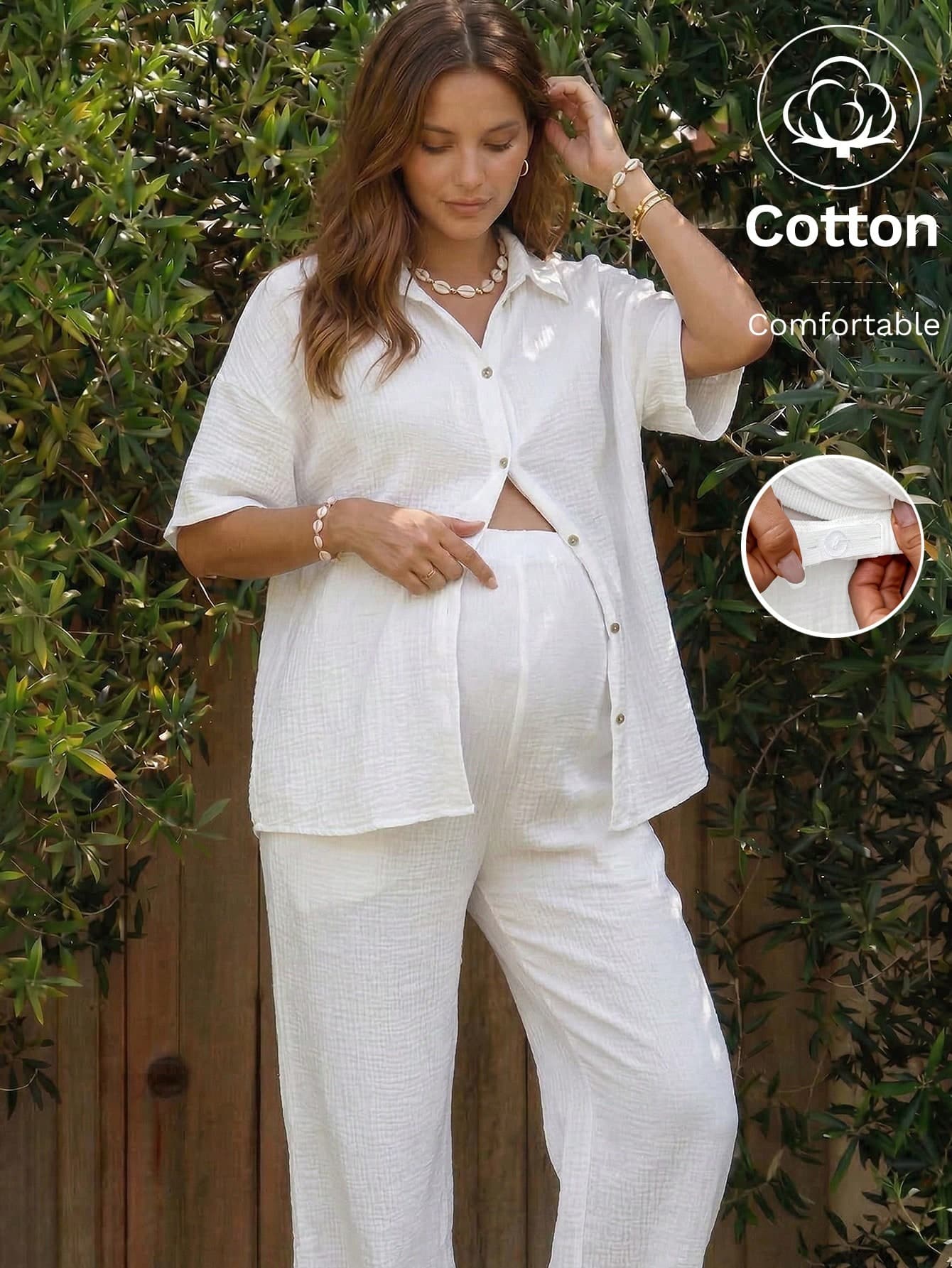 Boho Mama White Summer Silky Smart Casual Holiday Drop-Shoulder Button-Down Shirt And Elasticated Waist Trousers,Comfortable Cotton Loose Fit For Pregnant Women